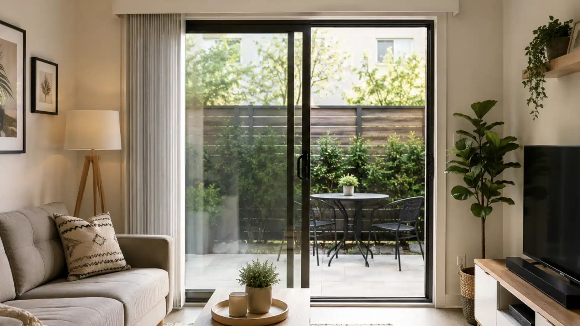 Compact living room with partially open sliding glass patio door and natural light