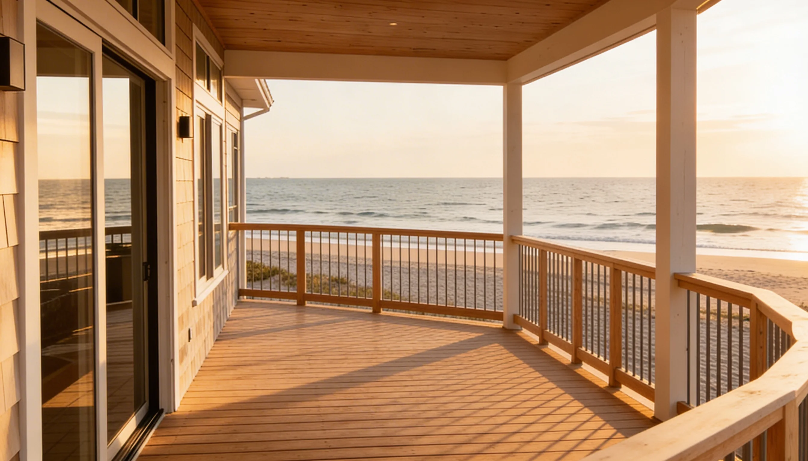 Covered wooden deck with a railing overlooks a sunny beach and the ocean at sunset