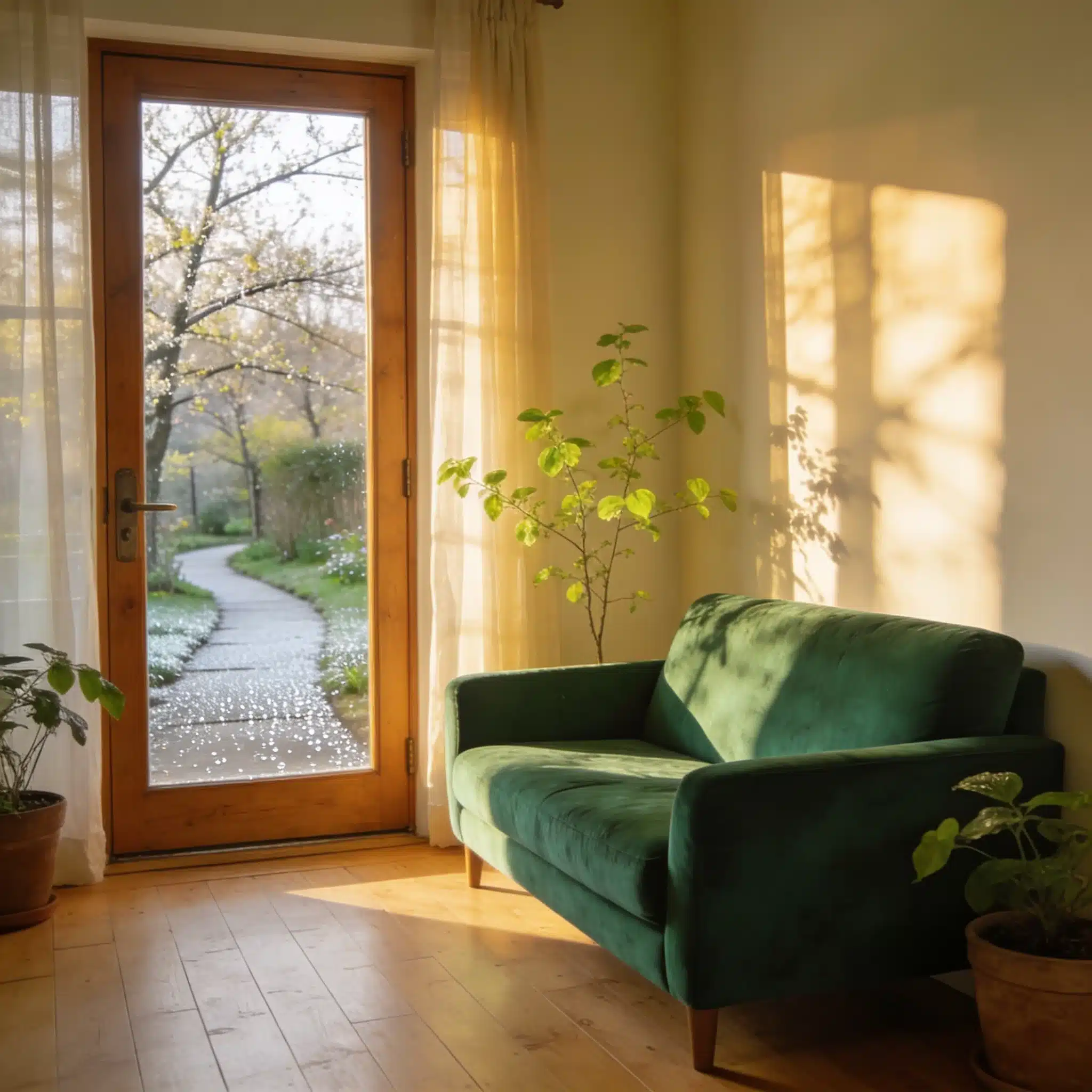 Cozy indoor scene with a green velvet sofa, potted plants, and a sunlit wooden-framed glass door opening onto a curved garden path