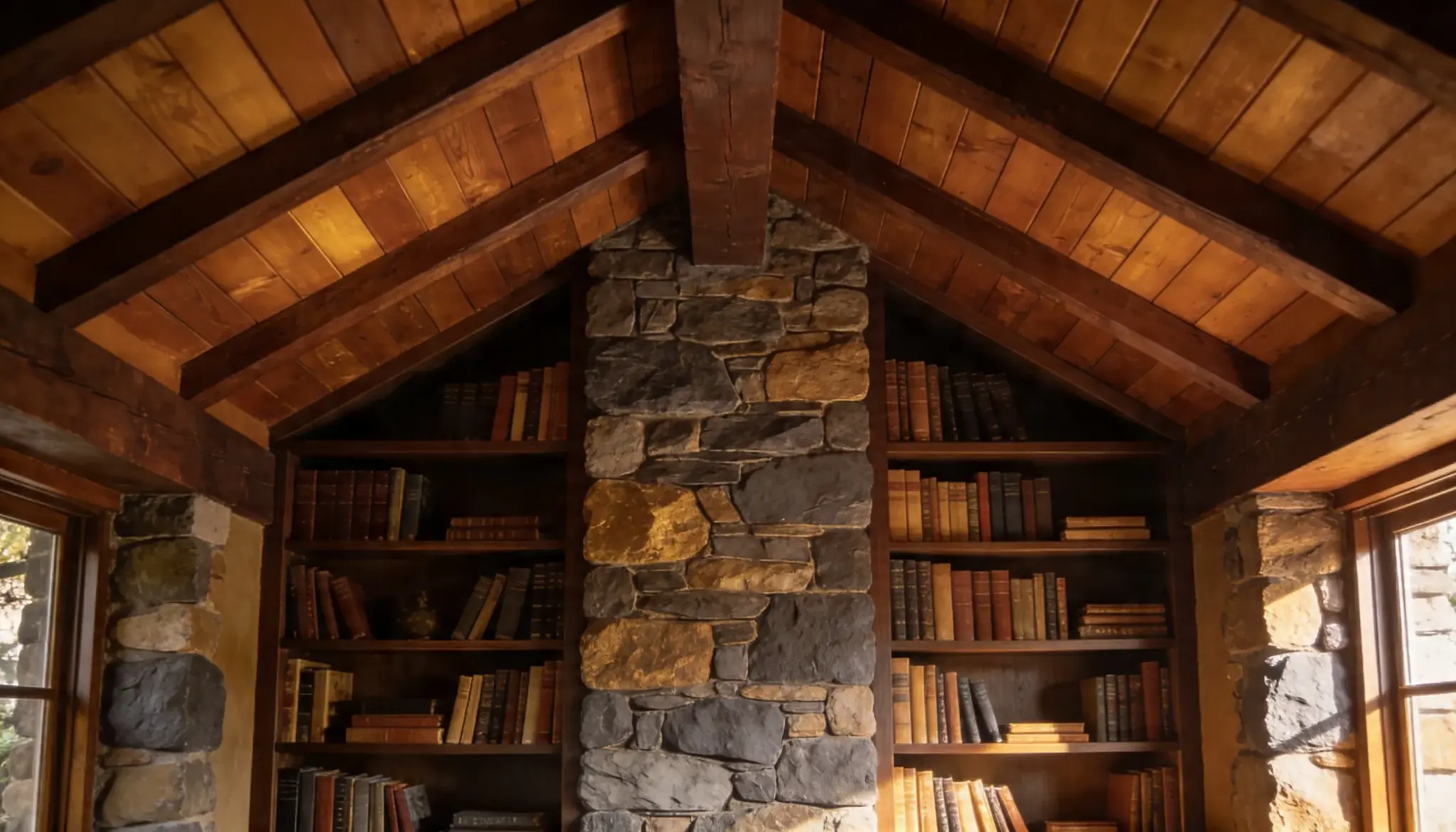 Cozy library nook with a rustic stone chimney and wooden shelves filled with books