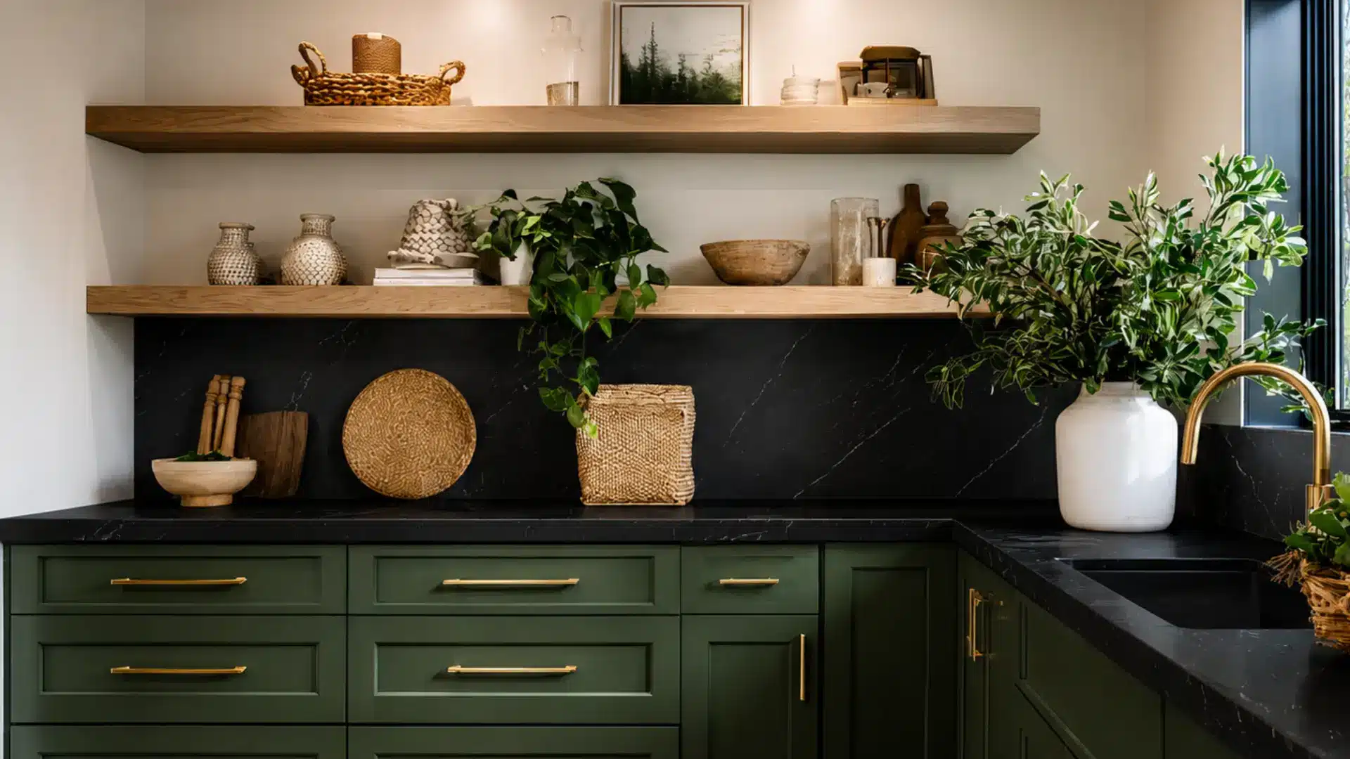 dark-green-cabinets-with-black-countertops