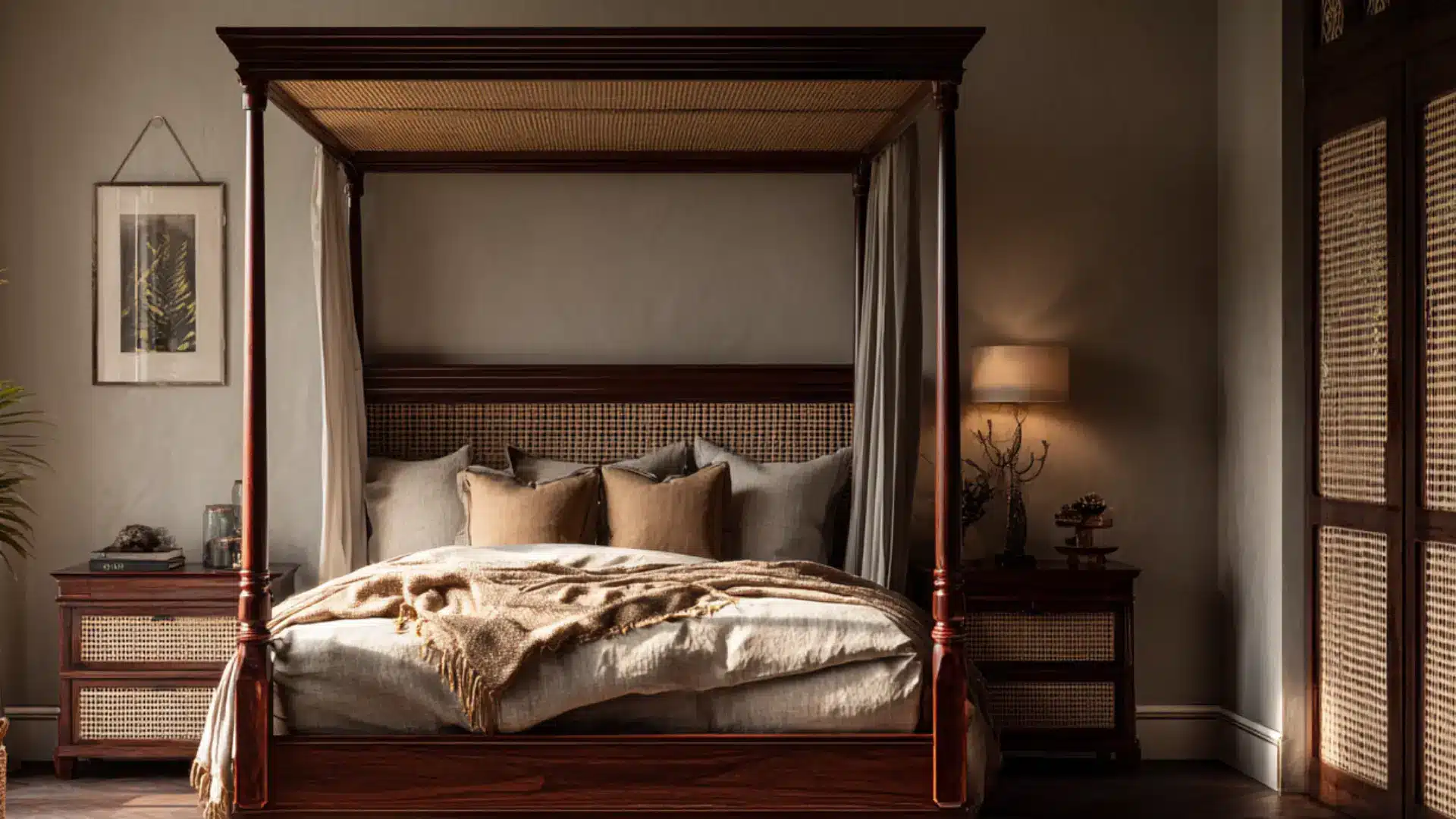 Dark wood four poster bed with cane details matching nightstands potted palm and woven rug in a sunlit colonial bedroom