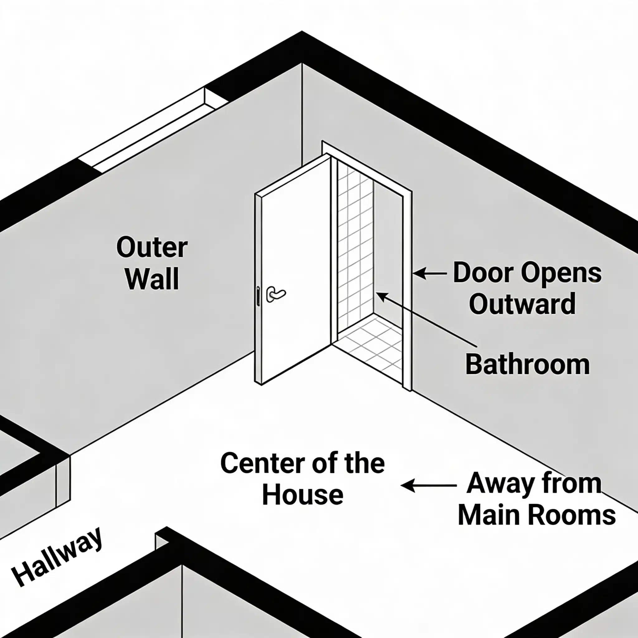 Diagram illustrating a bathroom location near an outer wall, opening outward into the house center, away from main rooms