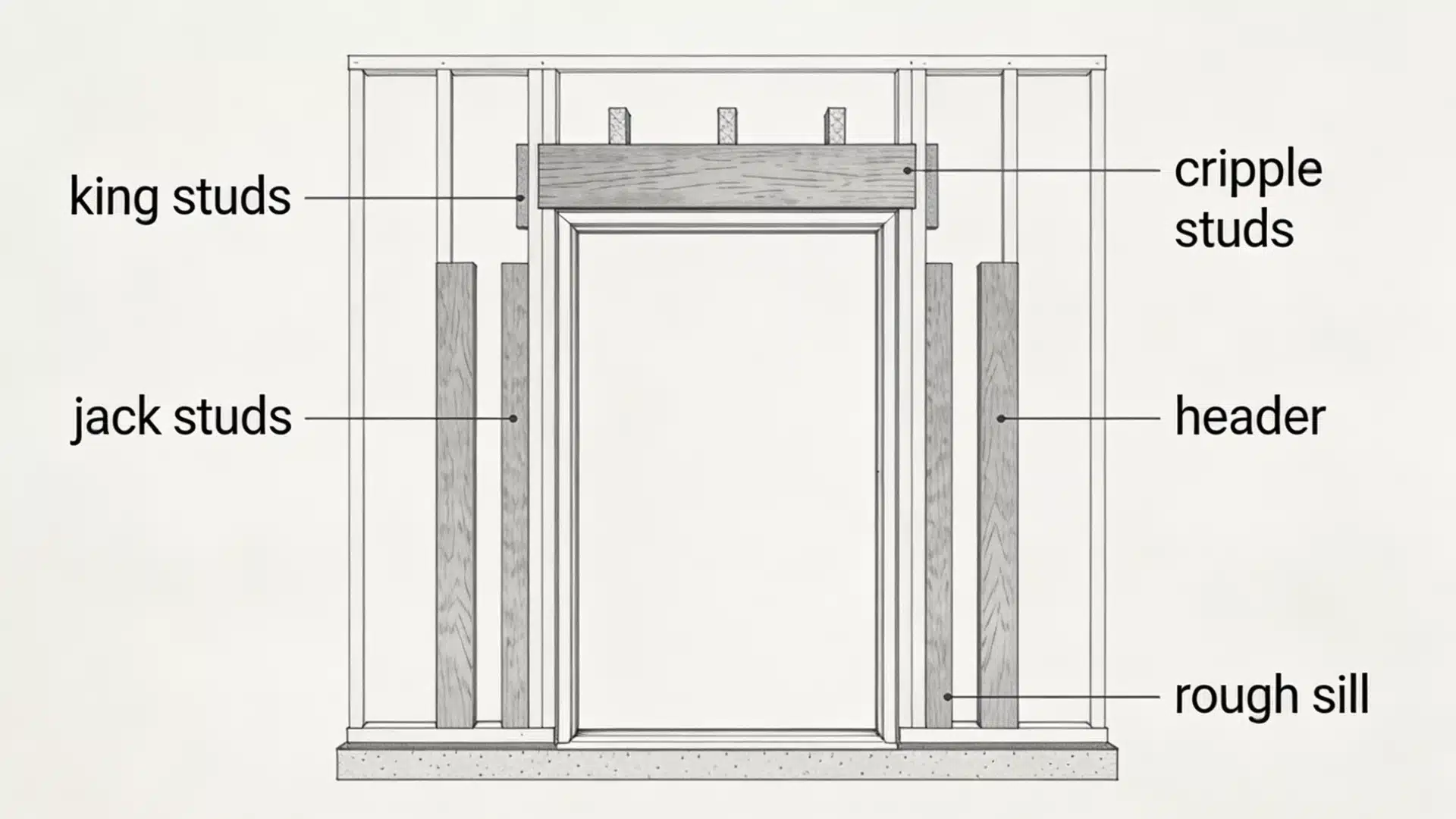 Diagram illustrating labeled rough framing components of a rough door opening, including king studs, jack studs, header, cripple studs, and rough sill.