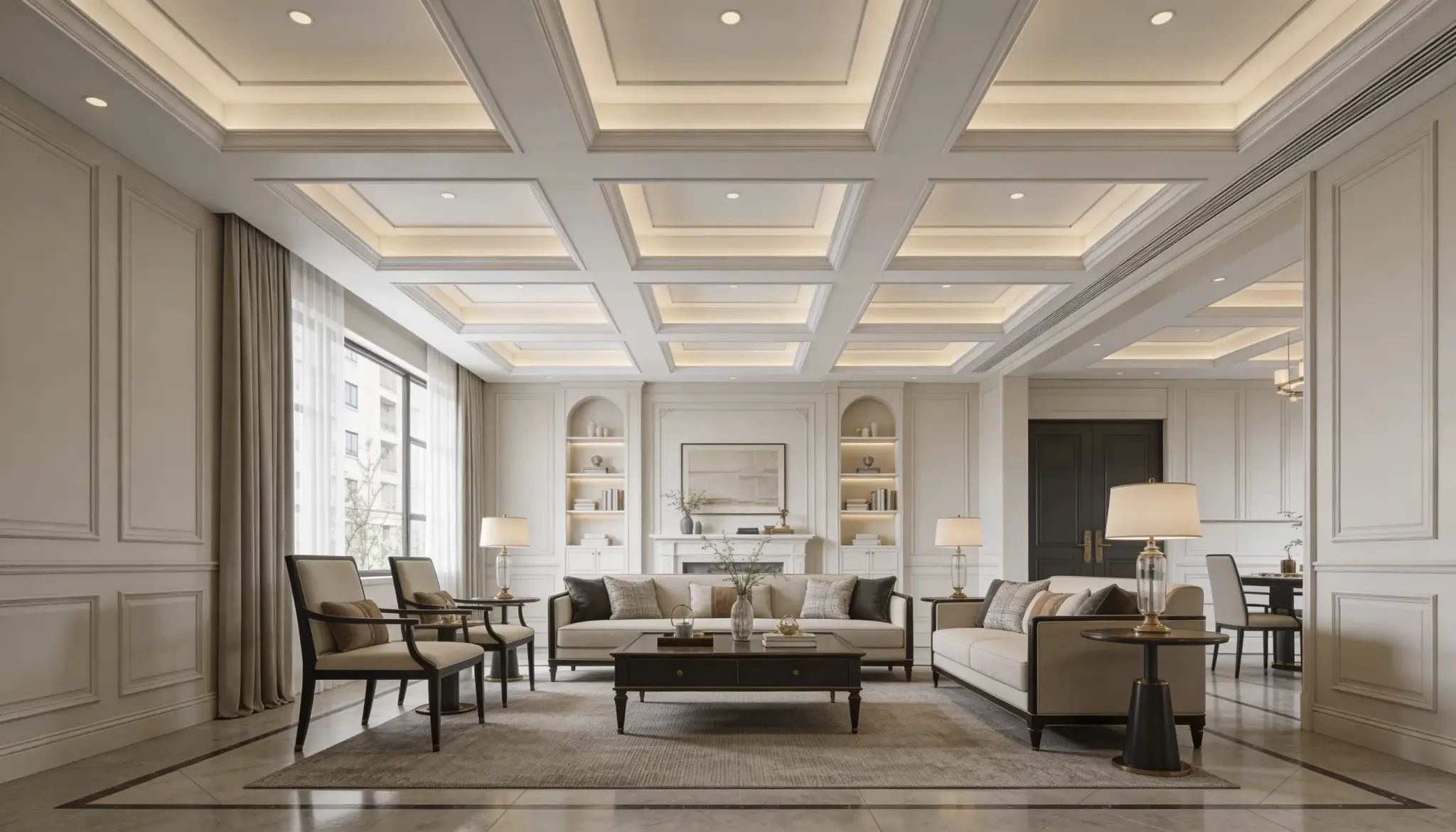 Elegant bright living room featuring a coffered ceiling with cove lighting traditional wall paneling neutral furniture and dark accents