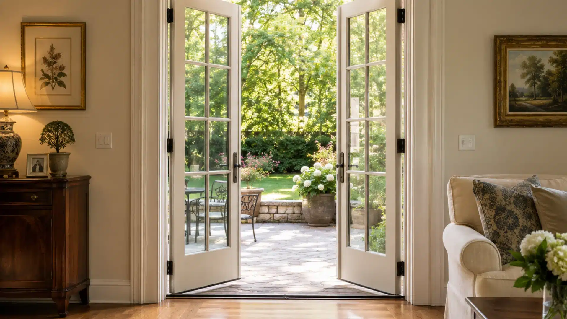 Elegant French patio doors open inward in a traditional living room setting