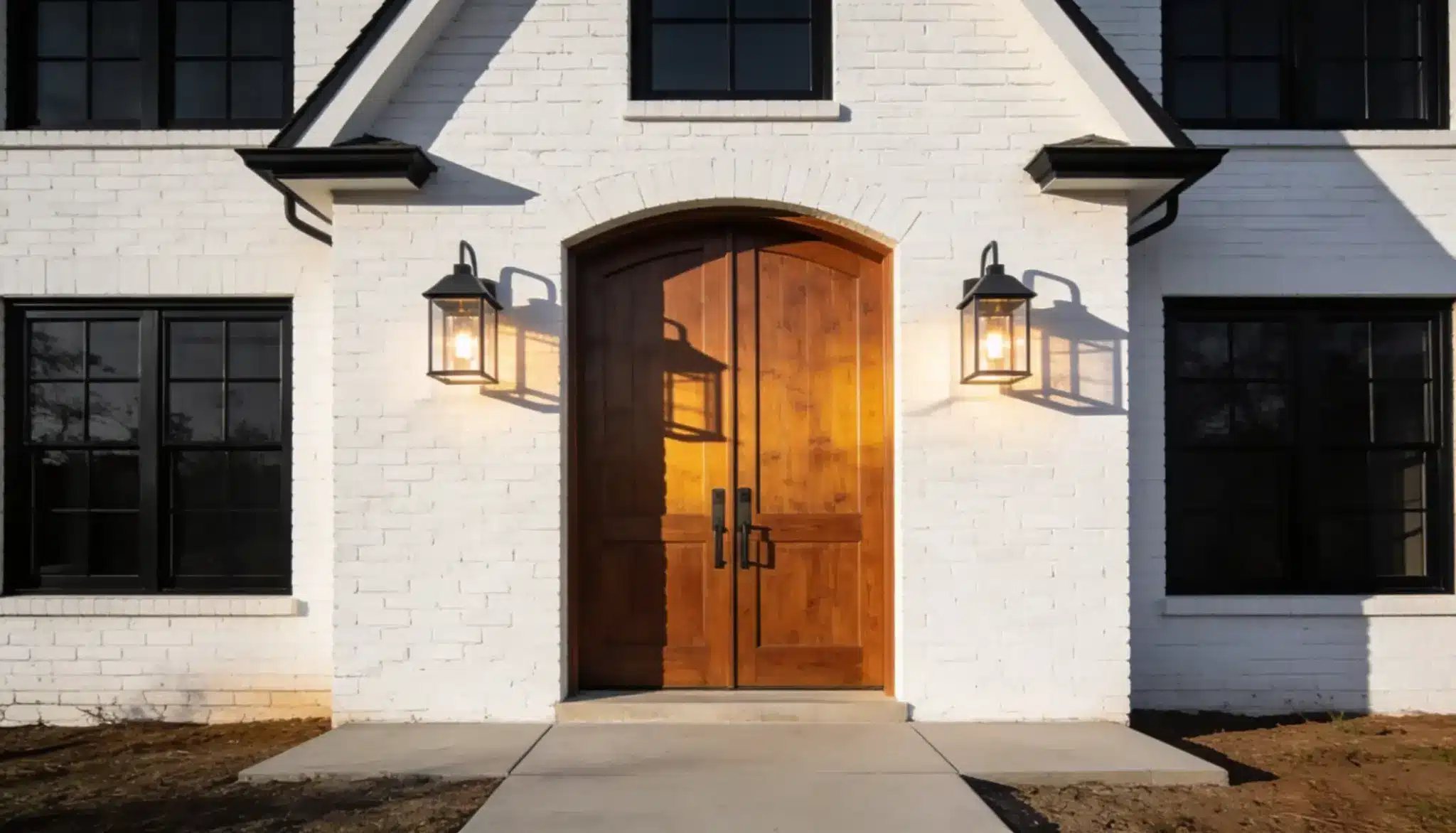 Entrance facade featuring a natural wood double door set into white painted brick, flanked by black lantern sconces and black-trimmed windows