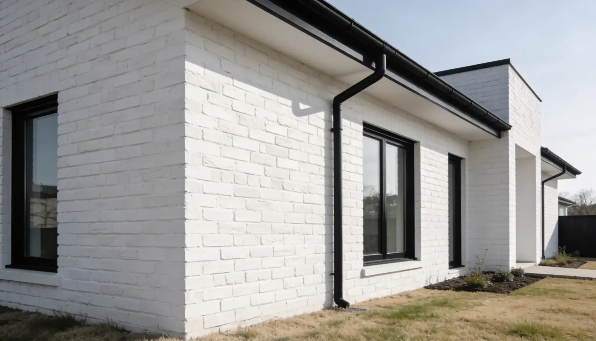 Exterior corner of a modern home featuring white painted brick, black window frames, and black gutters against a bright sky