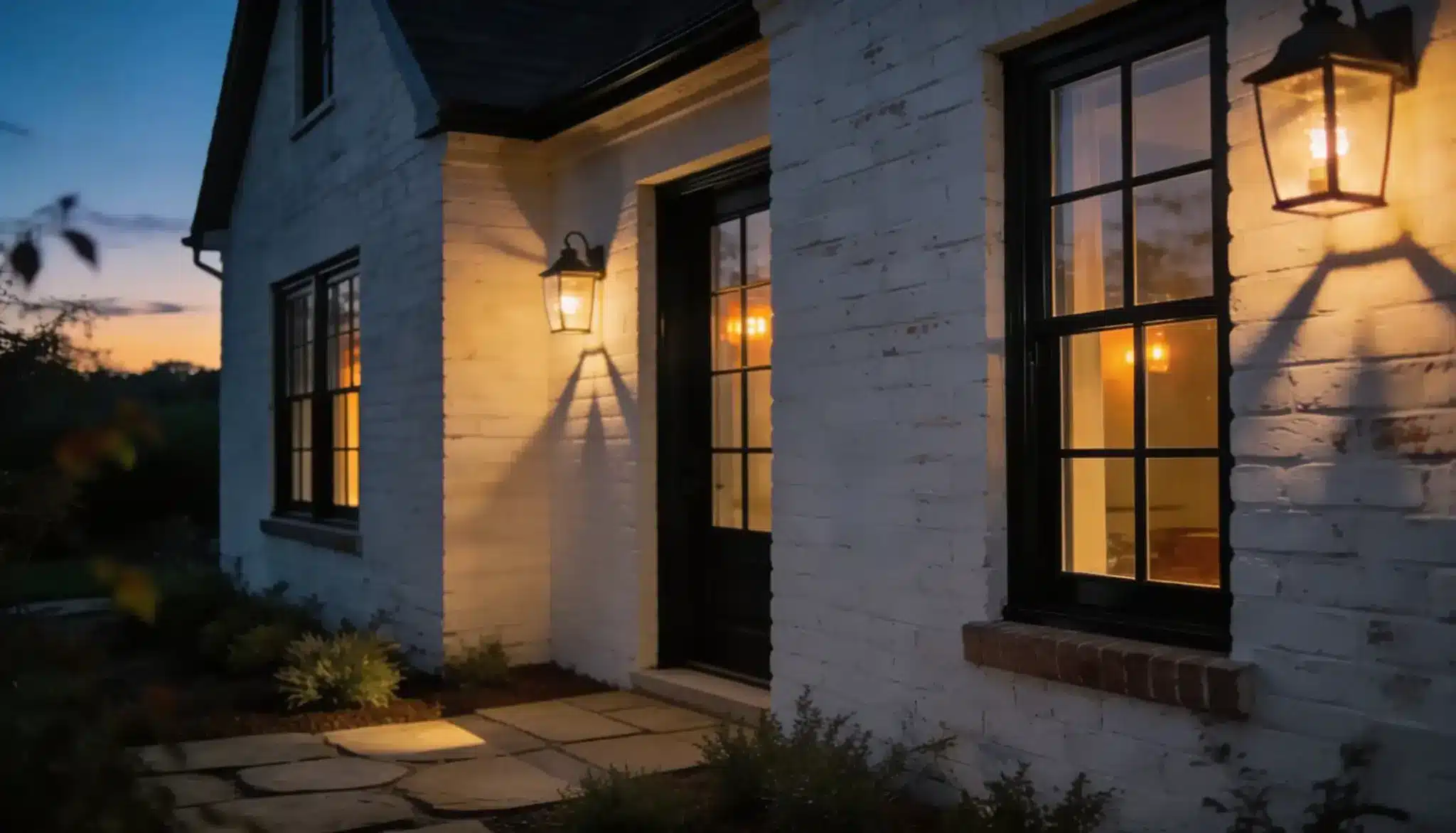 Exterior of a white-painted brick house entrance at twilight, featuring black-framed windows and a wall-mounted lantern casting warm light
