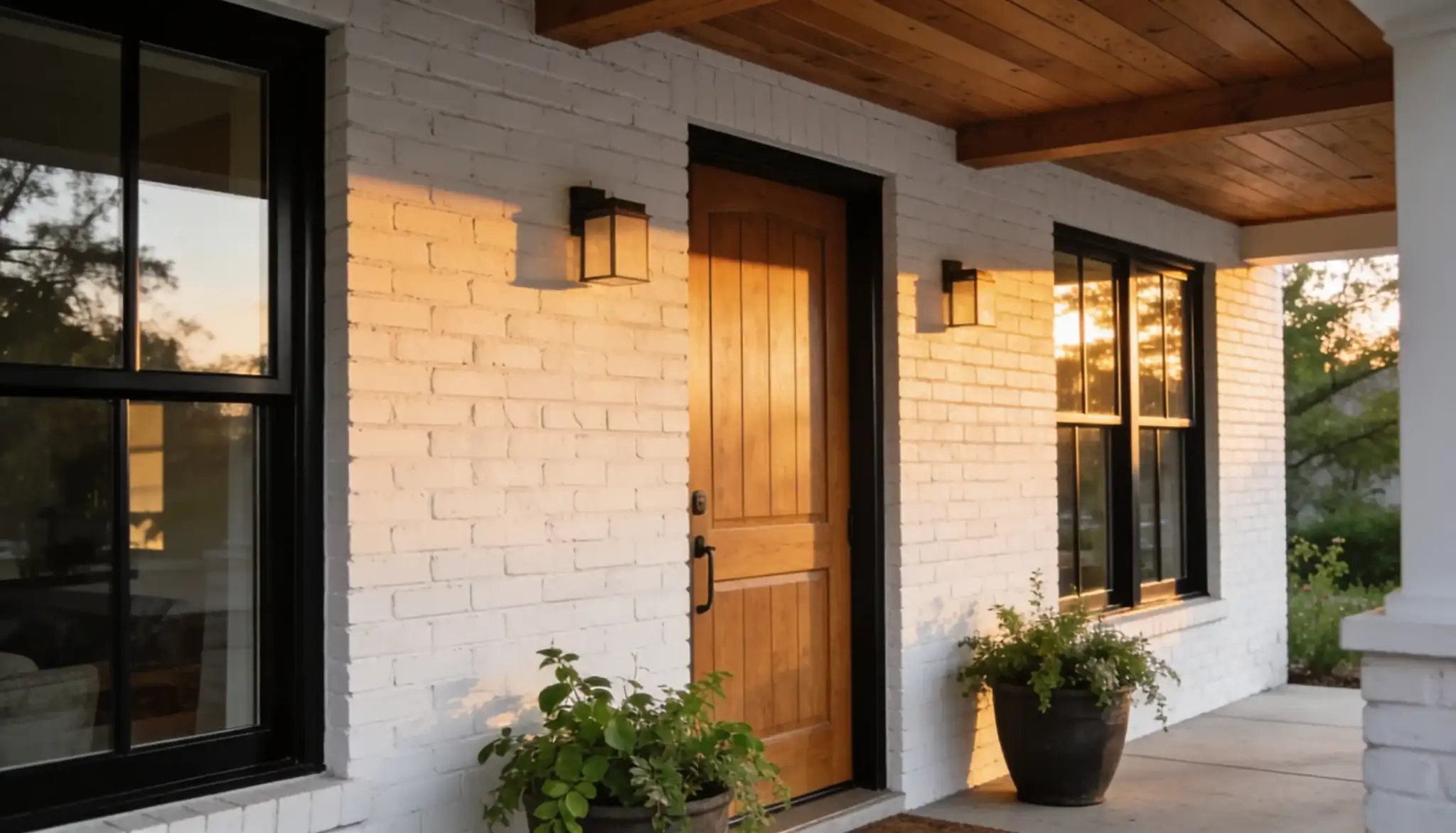 Exterior porch entry featuring a natural wood door flanked by black-framed windows against a white painted brick wall, illuminated by warm sunset light