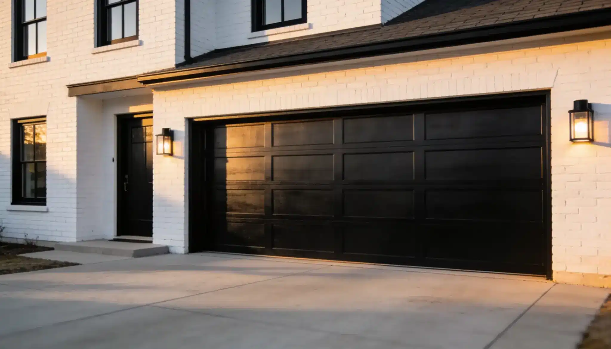 Exterior view of a modern home featuring white brick siding, black-trimmed windows, a black front door, and a prominent black paneled garage door illuminated by warm exterior sconces at sunset