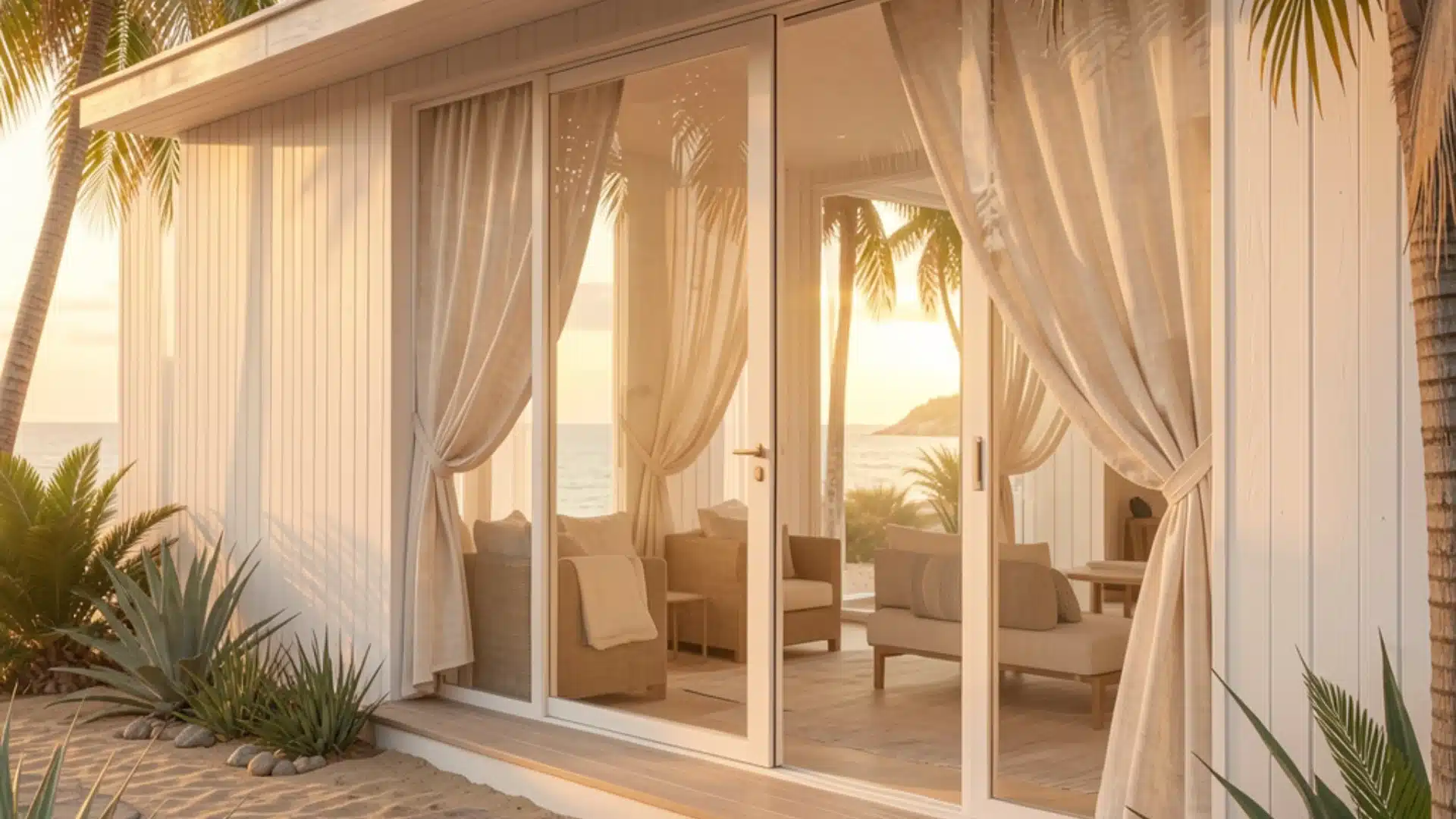 Exterior view of a modern white beach bungalow with sliding glass doors opening onto sand paths flanked by palm trees and agave plants at sunset.