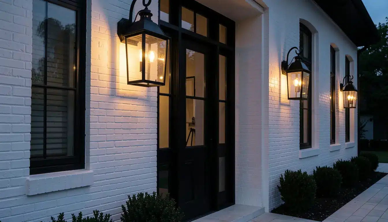 Exterior view of a white painted brick home entrance featuring a black glass-paned front door flanked by illuminated black lantern sconces at dusk
