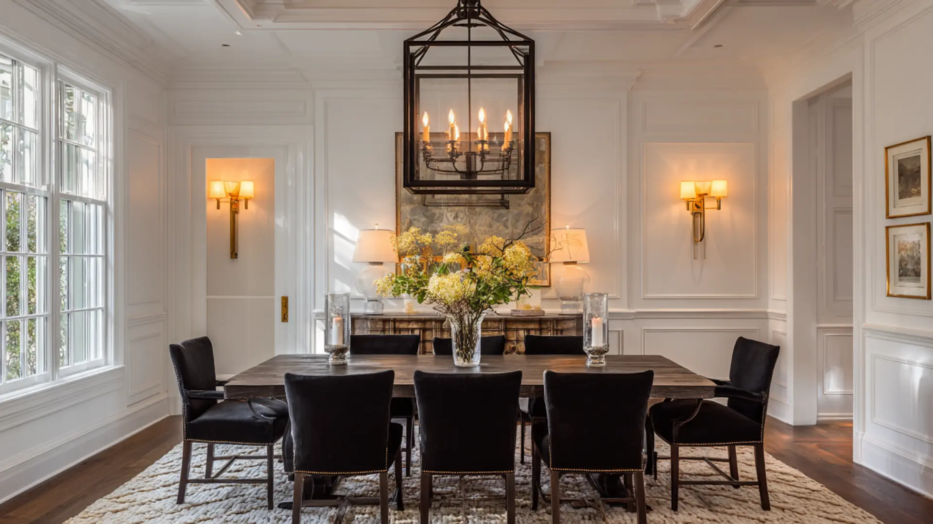 Formal dining room with black chairs long wood table large lantern chandelier white paneled walls and yellow flowers