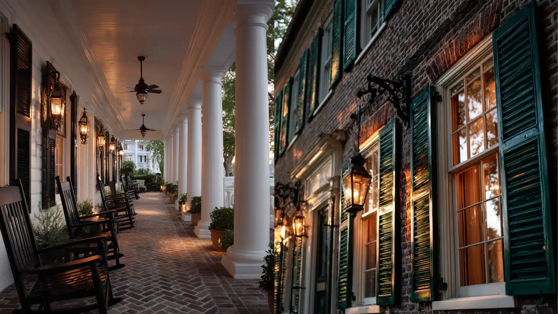 Grand porch with white columns and black rockers next to a brick house with green shutters and warm glowing gas lanterns (1)