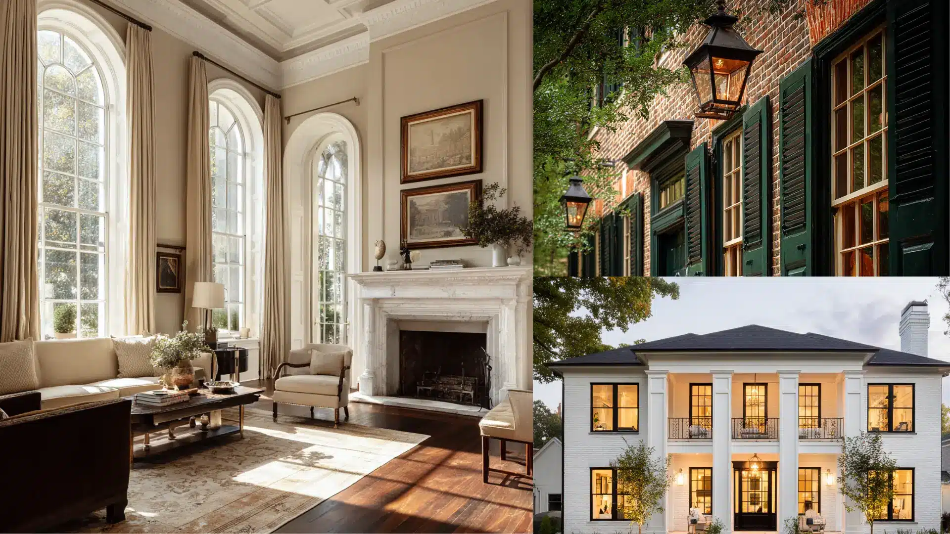 Grand room with high windows and a fireplace plus exterior views of a white brick home and lanterns southern colonial house