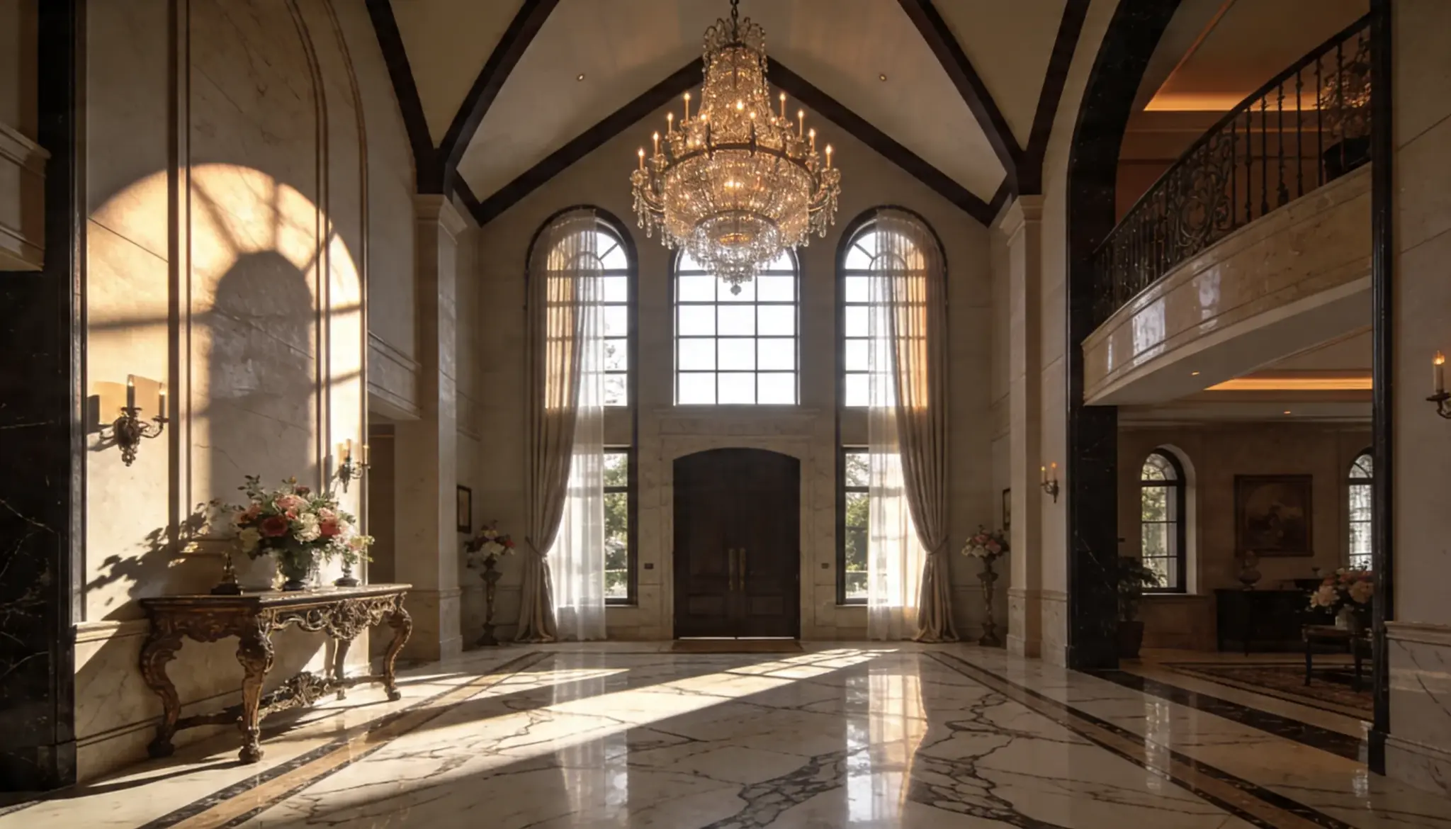 Grand sunlit marble foyer featuring a high vaulted ceiling large crystal chandelier arched windows and a decorative console table with flowers