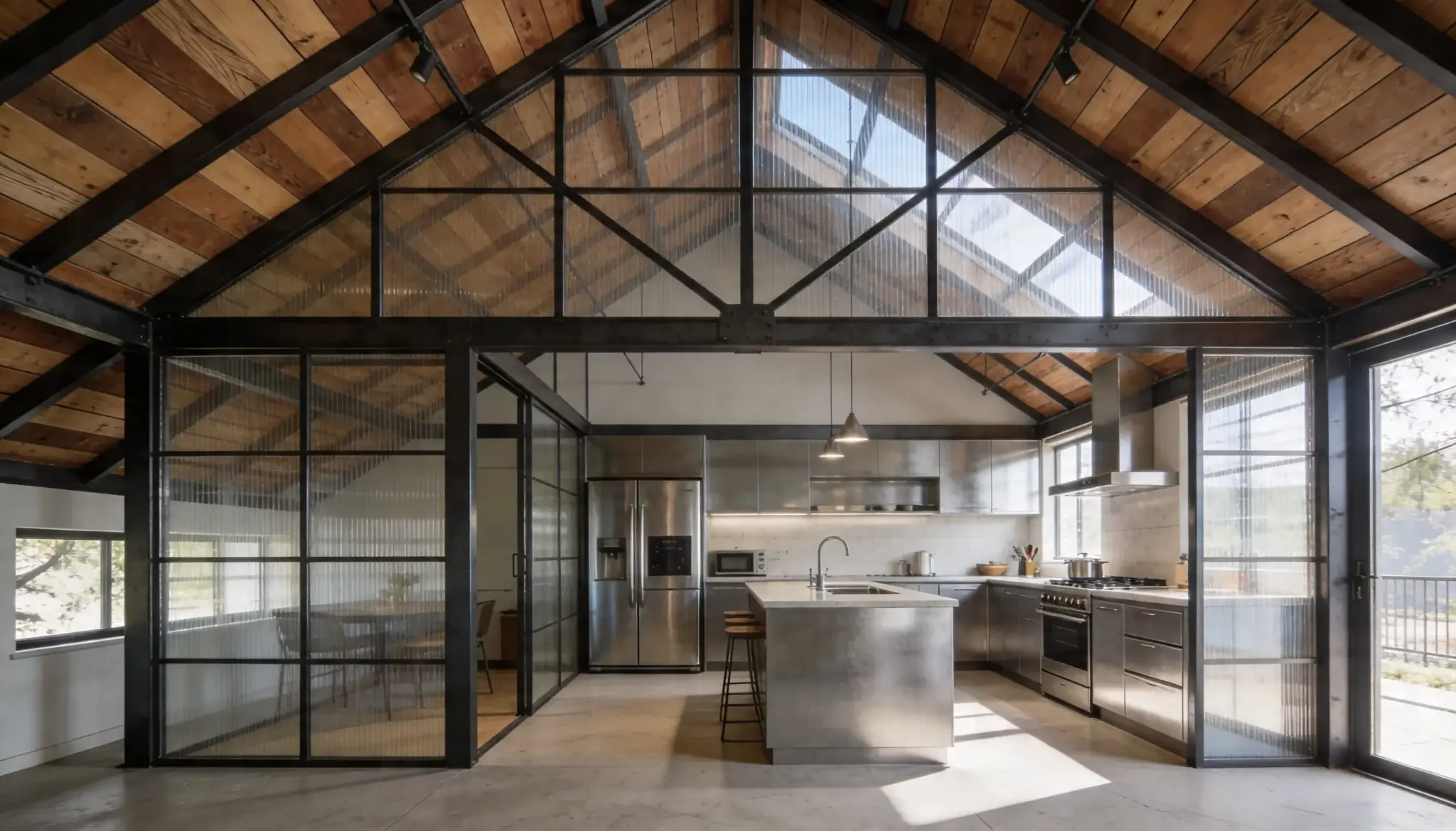 Industrial kitchen featuring stainless steel appliances a concrete floor  and a high vaulted ceiling with exposed dark metal trusses and reclaimed wood paneling