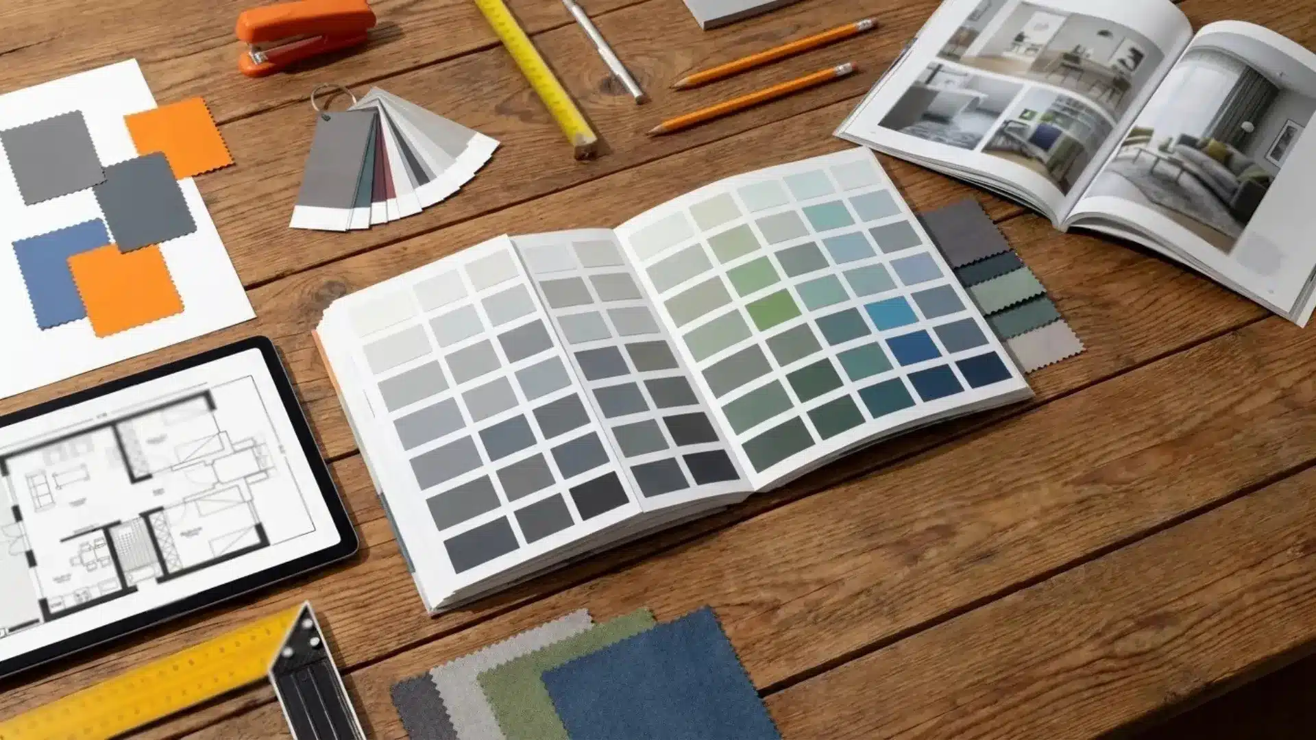 Interior design mood board featuring paint swatches, fabric samples, architectural blueprints on a tablet, and design magazines on a wooden desk