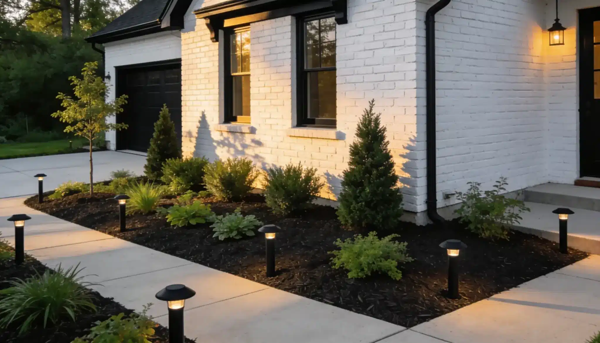 Low-voltage path lighting illuminates a landscaped garden bed with dark mulch, shrubs, and a small tree bordering a white brick house facade and concrete walkway