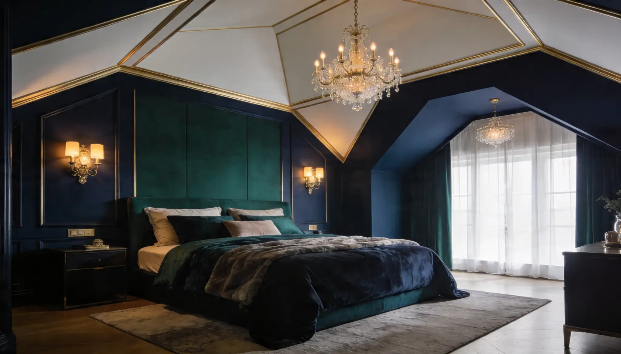 Luxurious bedroom featuring deep emerald green and navy blue walls with gold trim a crystal chandelier and a large window with sheer white curtains