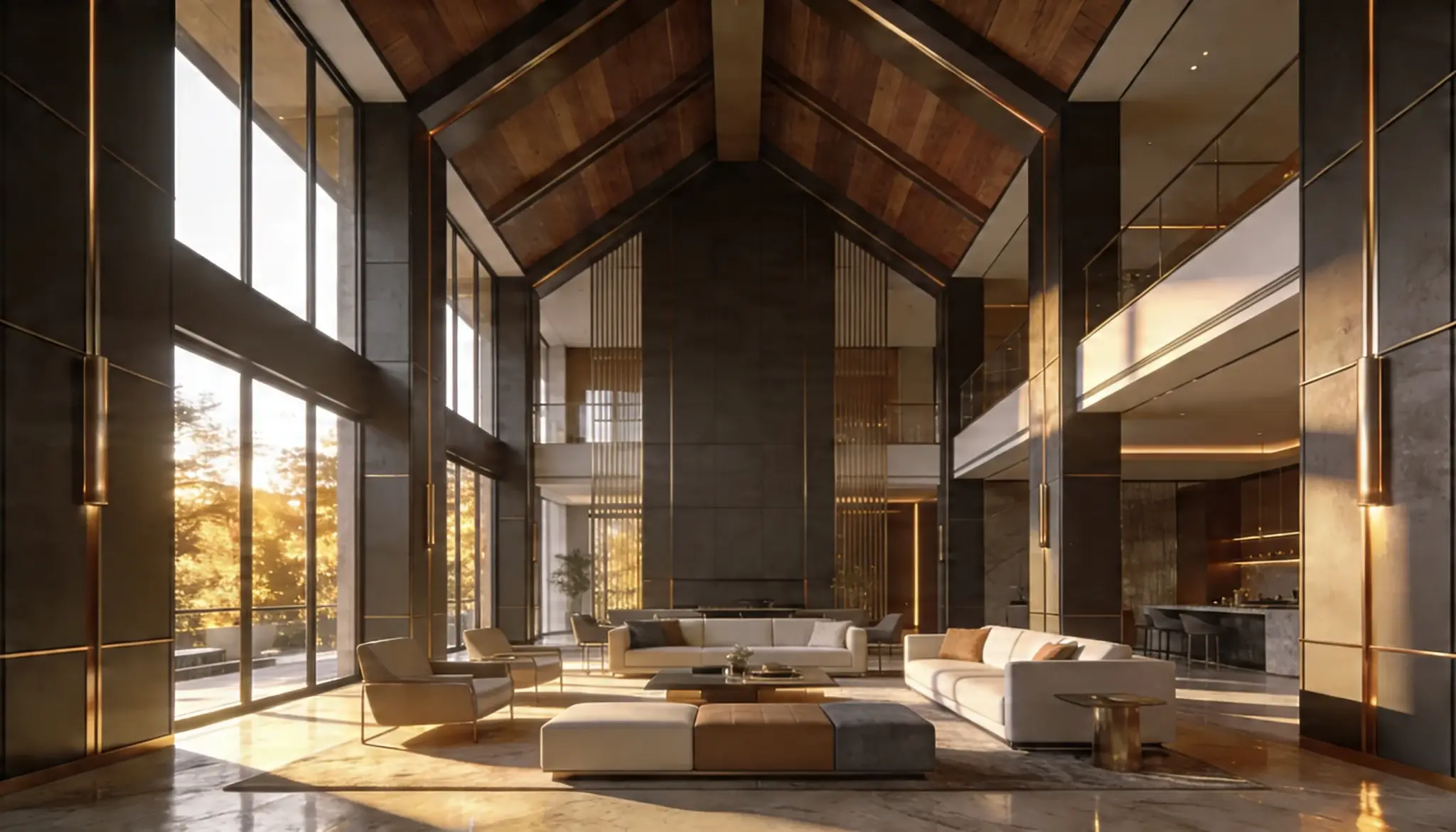 Luxurious high-ceilinged modern living room with floor-to-ceiling windows overlooking sunlit trees and featuring dark stone wood accents