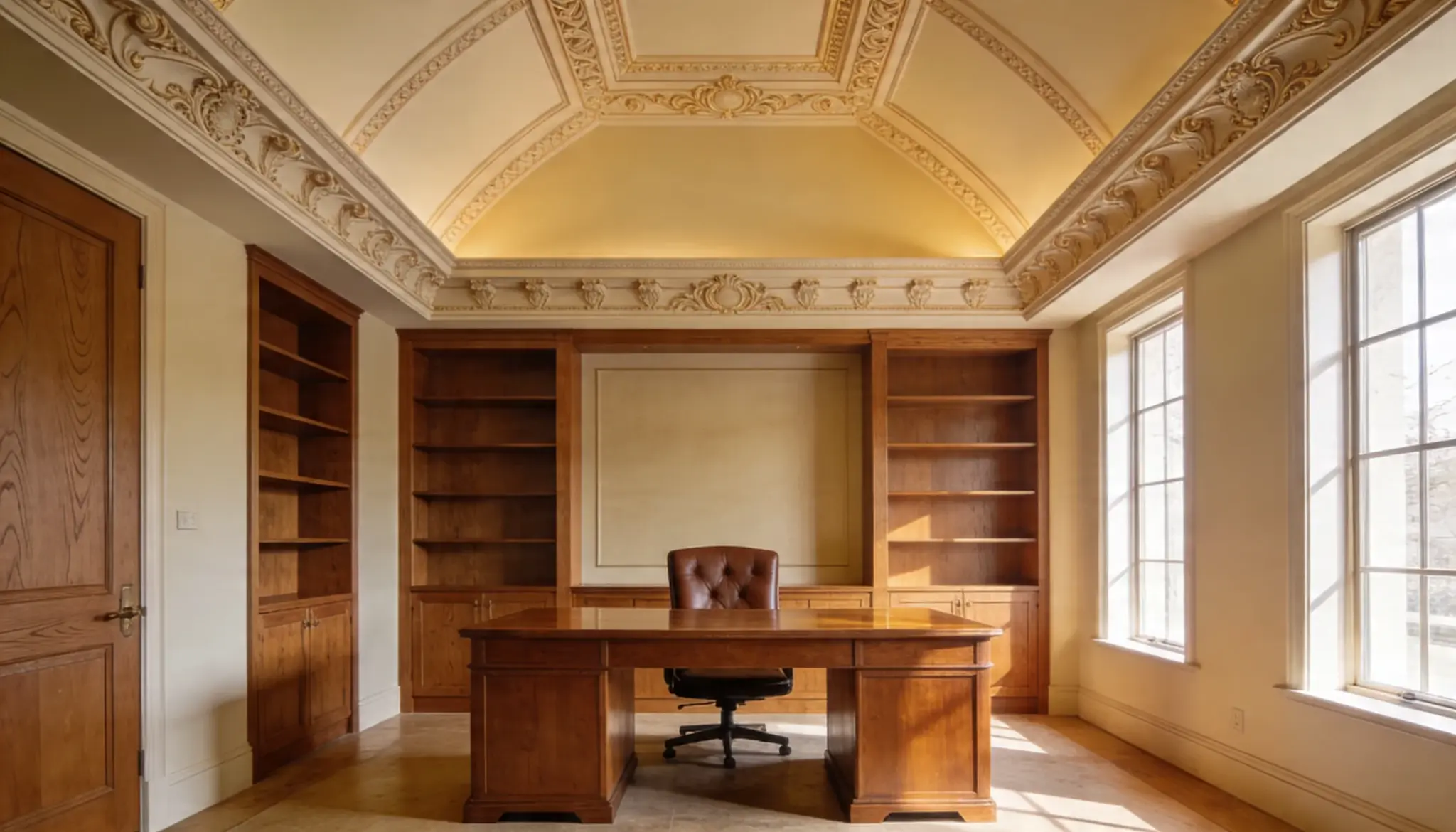 Luxurious home office featuring rich wooden built-in bookshelves a large wooden executive desk and an ornate vaulted ceiling with decorative molding illuminated by natural light from tall windows