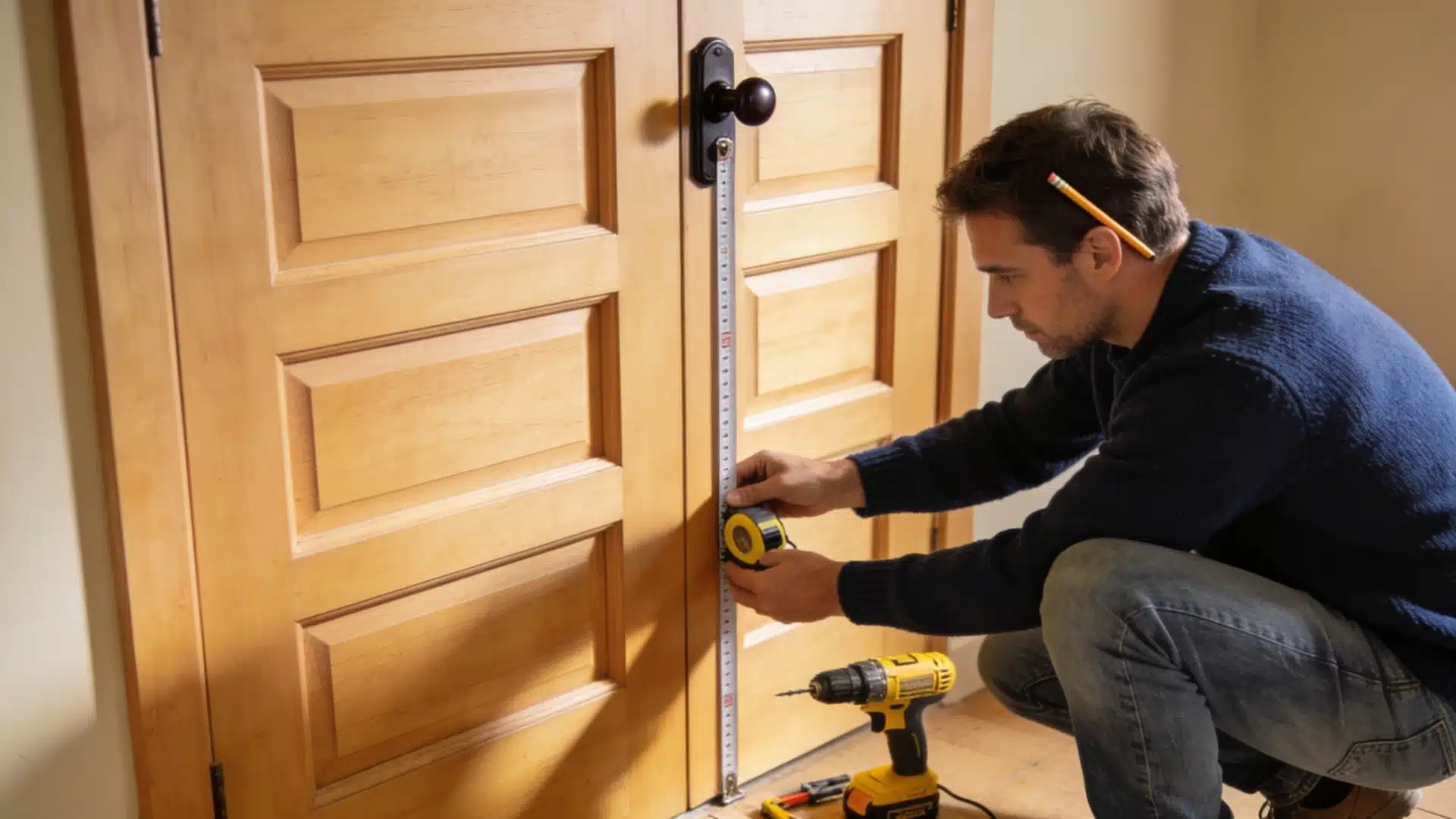 Man with pencil behind ear measures the side edge of a wooden double door using a tape measure near a yellow cordless drill.