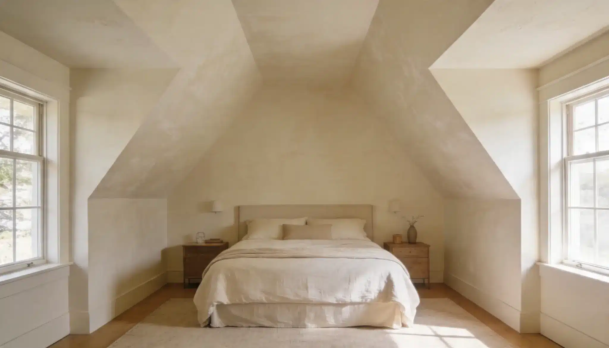 Minimalist attic bedroom featuring a large bed with beige linen bedding flanked by wooden nightstands under steeply sloped textured cream-colored walls and natural light from tall windows