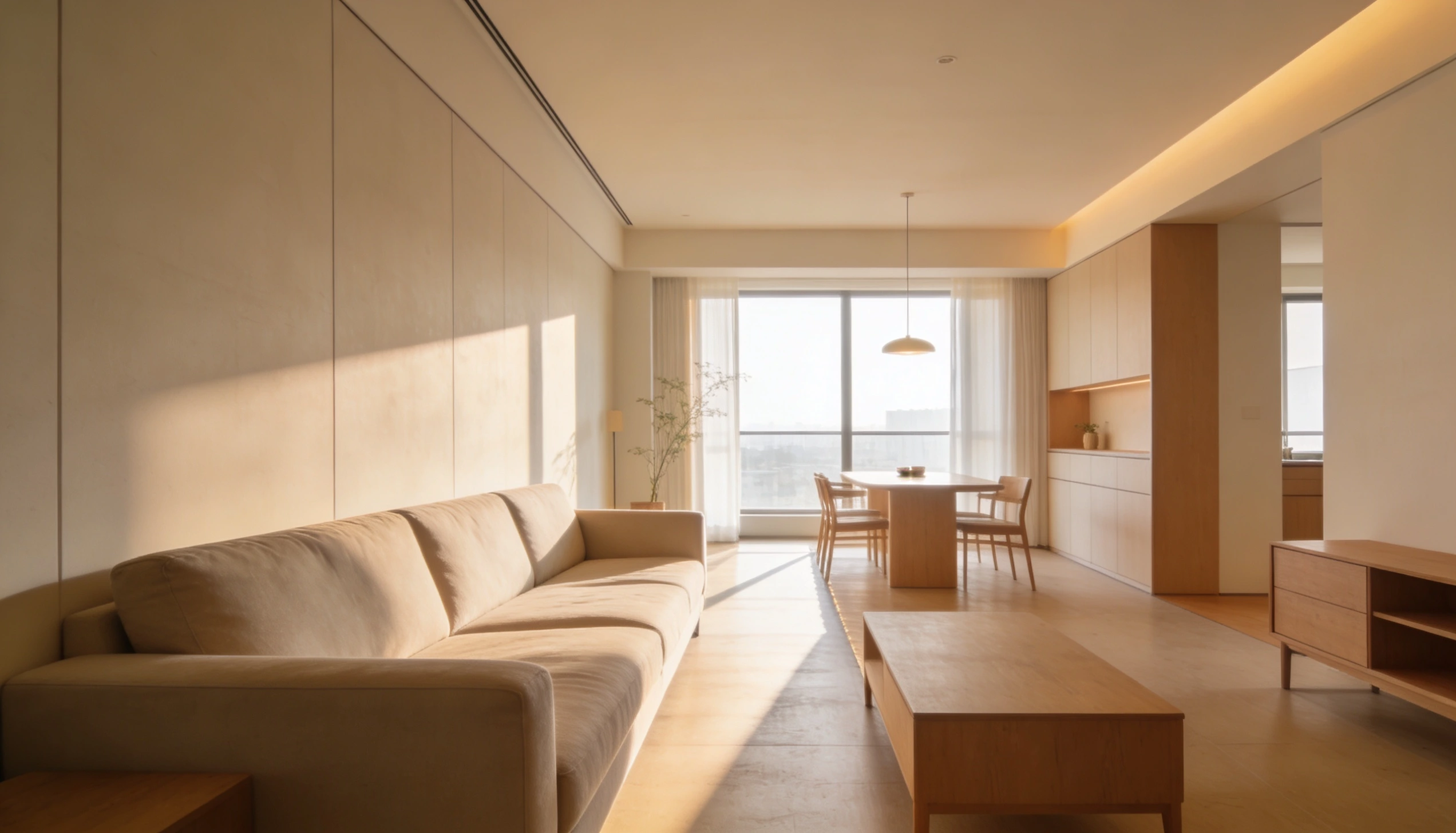 Minimalist living and dining area featuring a long beige sofa, light wood flooring, natural light streaming through a large window, and integrated wood cabinetry