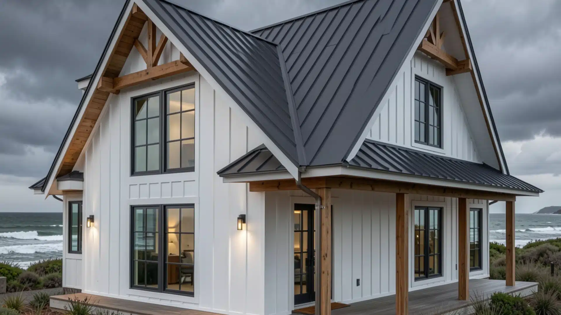 Modern coastal farmhouse exterior emphasizing a sleek standing seam metal roof, crisp white siding, exposed wood beams, dramatic roof angles, stormy coastal backdrop, durable luxury design, realis