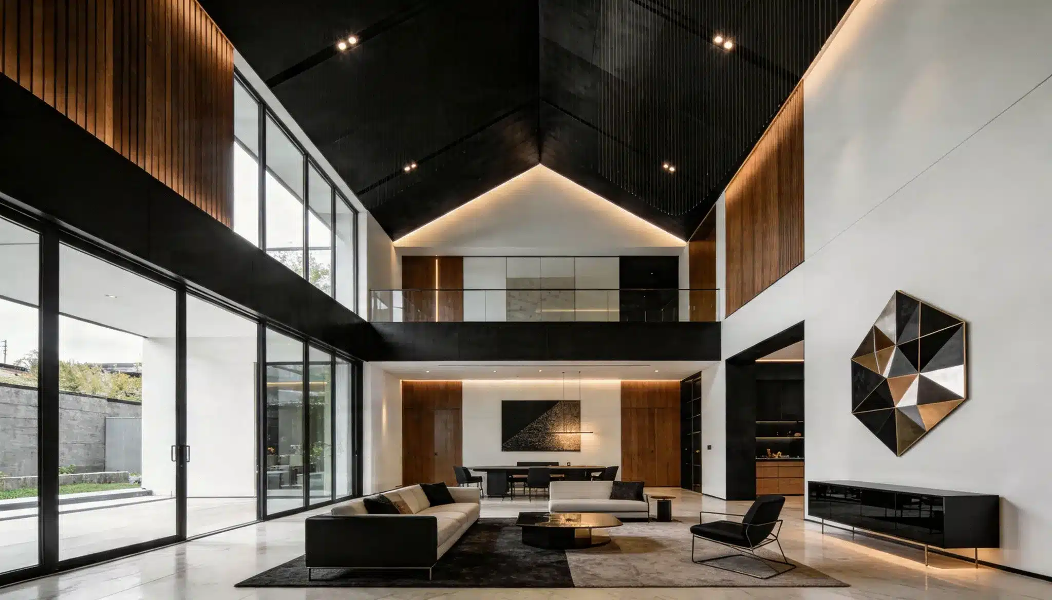 Modern double-height living room featuring a soaring black vaulted ceiling large glass walls contrasting white walls wood paneling and contemporary dark furniture