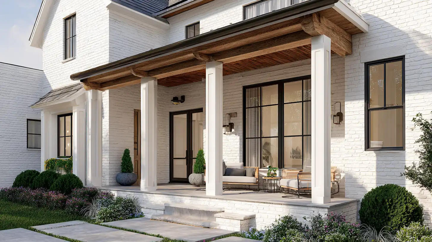 Modern farmhouse exterior featuring a white painted brick facade, a covered porch with wooden ceilings and white columns, and black-framed windows and doors