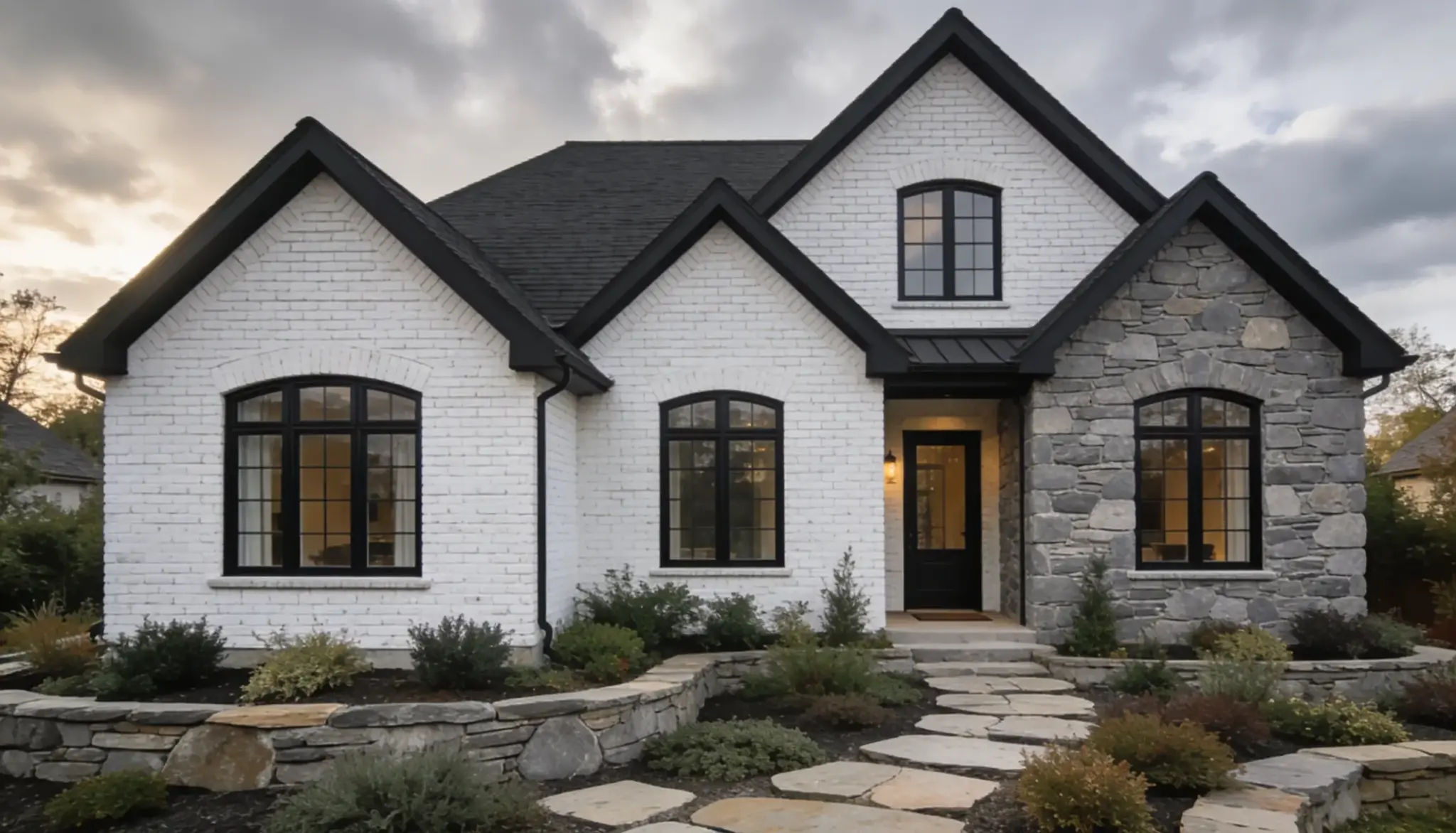 Modern farmhouse exterior featuring white painted brick, gray stone accents, black trim, and a flagstone walkway under a cloudy sky
