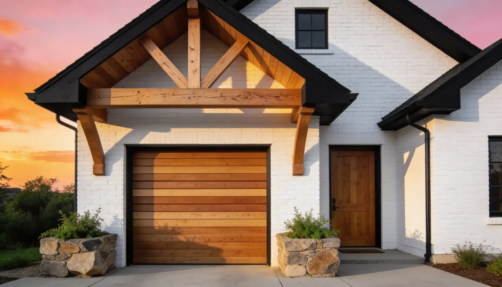 Modern farmhouse exterior featuring white painted brick, a natural wood garage door, exposed timber beams, and a pink and orange sunset backdrop