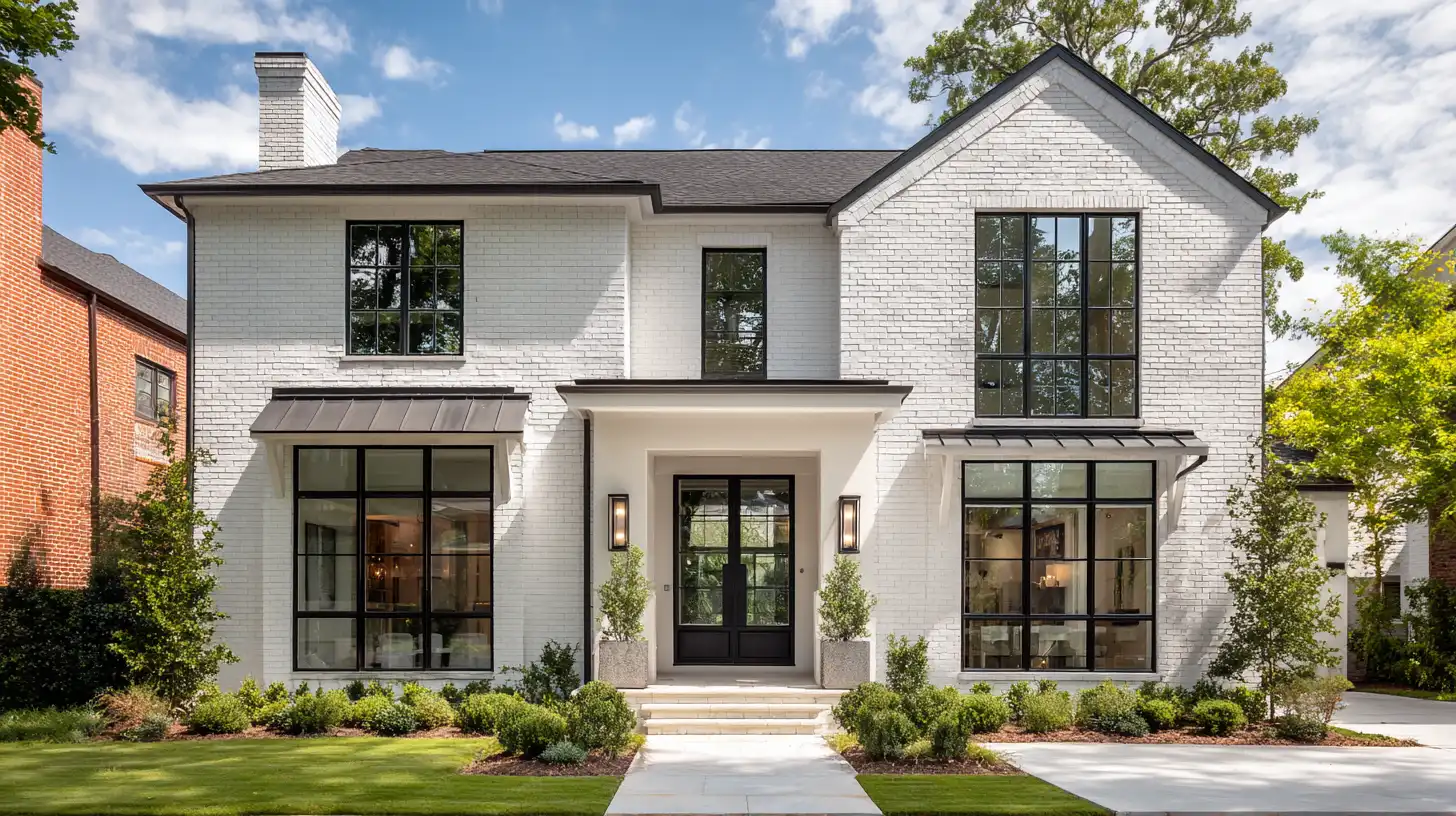 Modern farmhouse exterior featuring white painted brick, black grid windows, a prominent entryway, and manicured landscaping under a partly cloudy sky