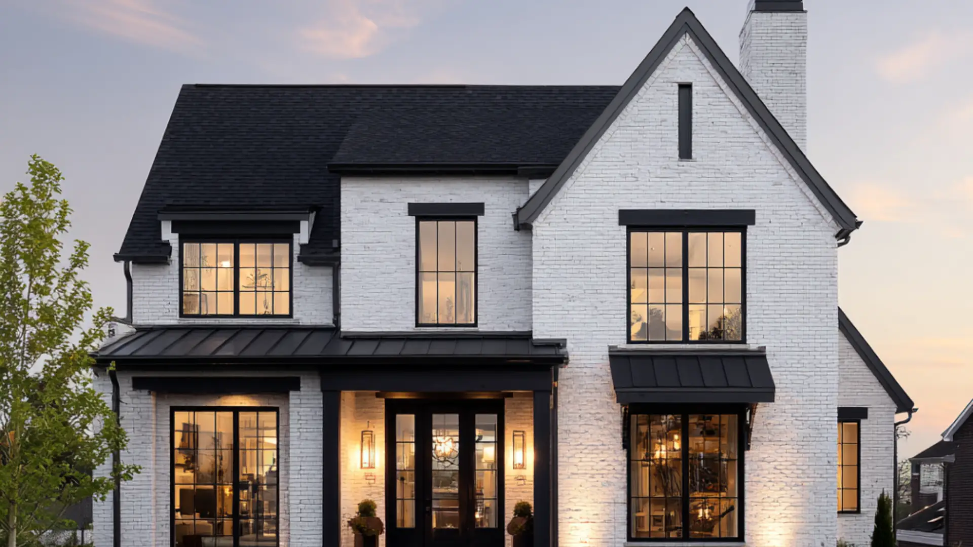 Modern farmhouse exterior featuring white painted brick, a black roof, and black-trimmed grid windows at dusk