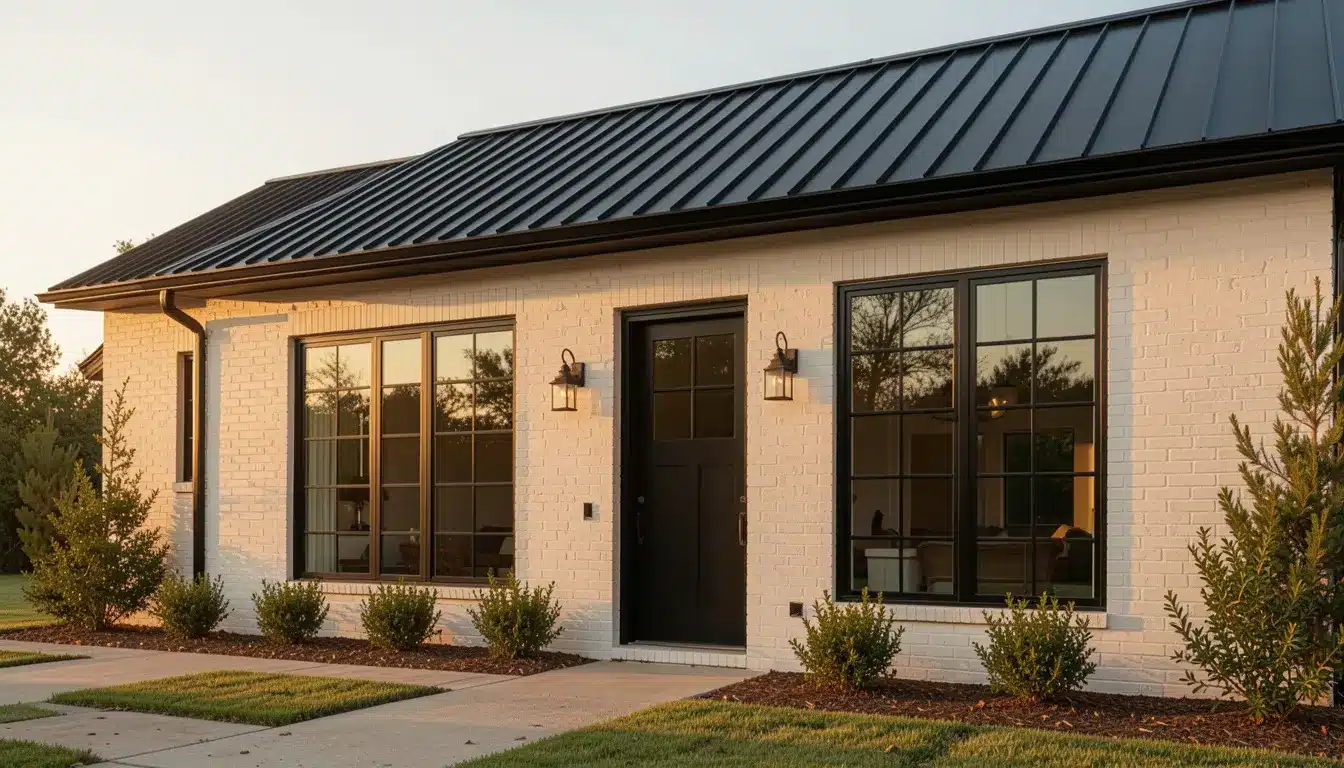 Modern farmhouse exterior featuring white painted brick, a black metal roof, a black front door, and black grid-style windows flanked by outdoor lantern sconces
