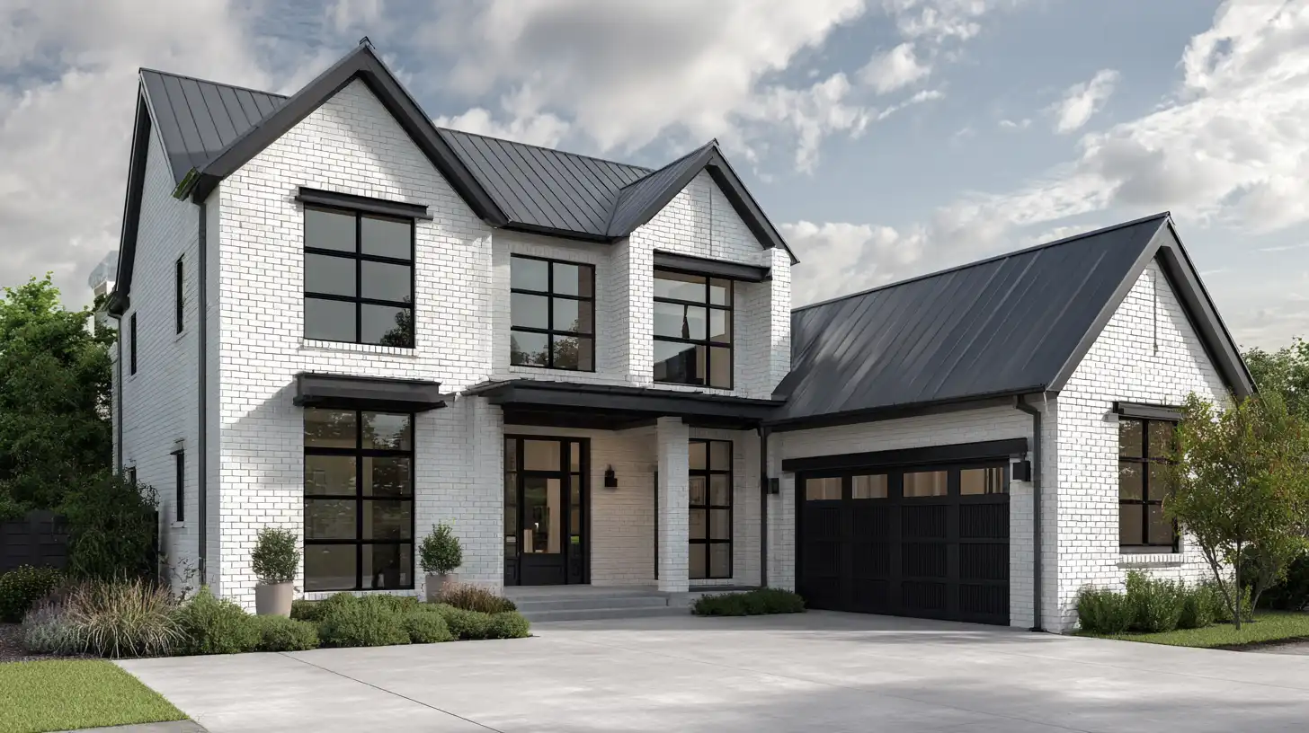 Modern farmhouse style home featuring white painted brick, a dark metal roof, black-framed windows, and an attached two-car garage under a cloudy sky