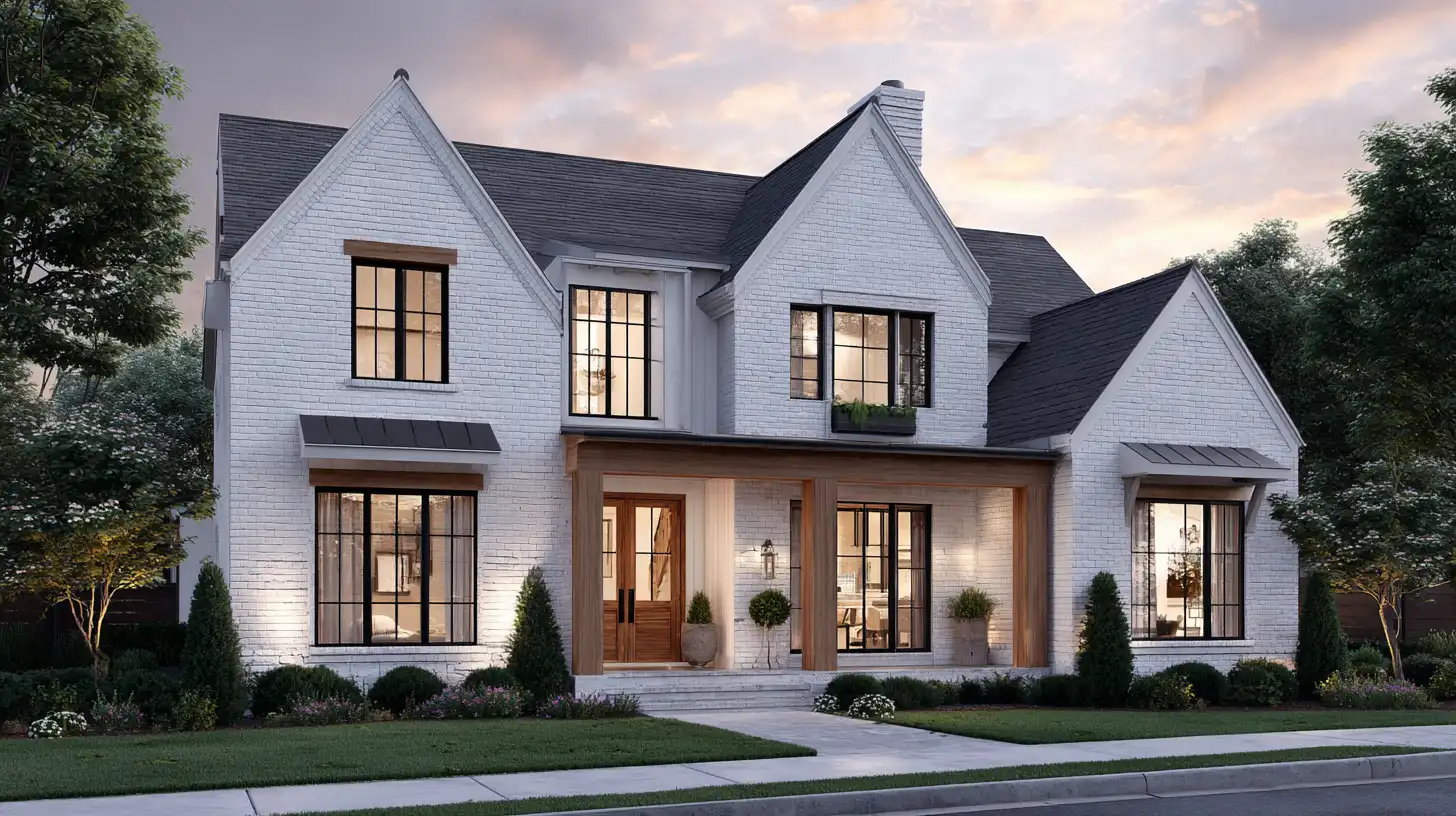 Modern farmhouse with white painted brick exterior, dark gray roof, black grid windows, and a prominent wooden front porch at dusk