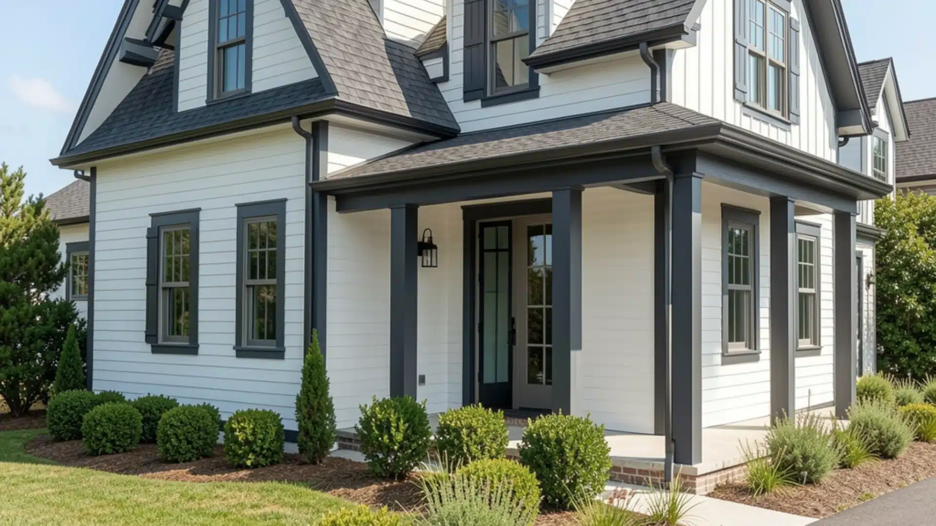 Modern farmhouse with white siding, dark gray trim, and a covered front porch set against a bright blue sky.