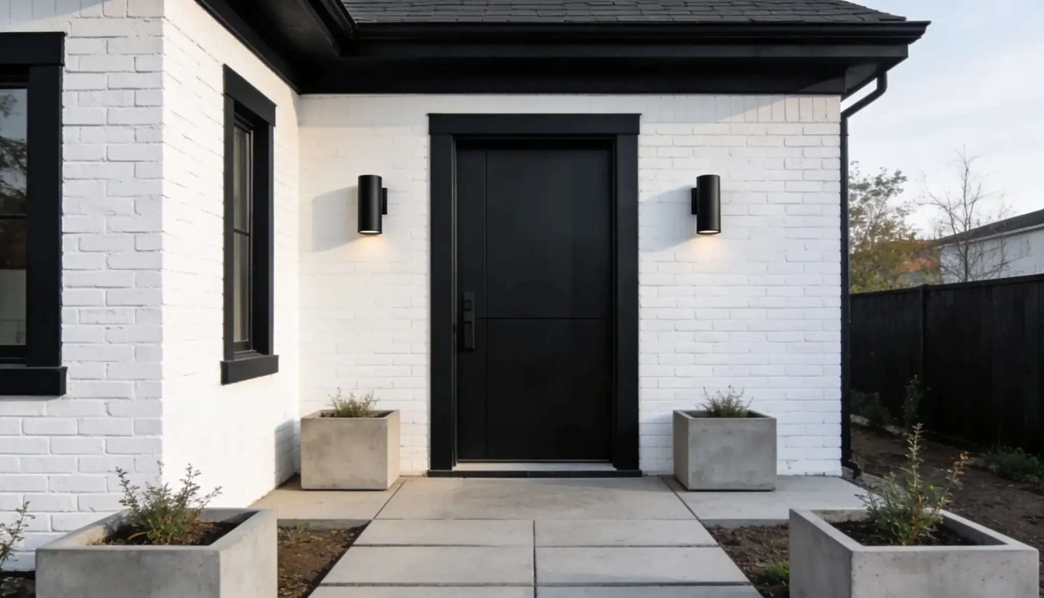 Modern home exterior featuring a matte black front door set into a white painted brick wall, flanked by black sconces and concrete planters