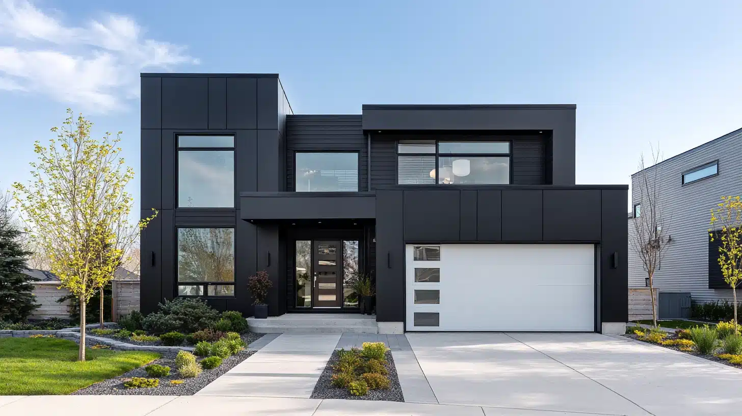Modern home featuring a black exterior with a white garage door and flat ceiling