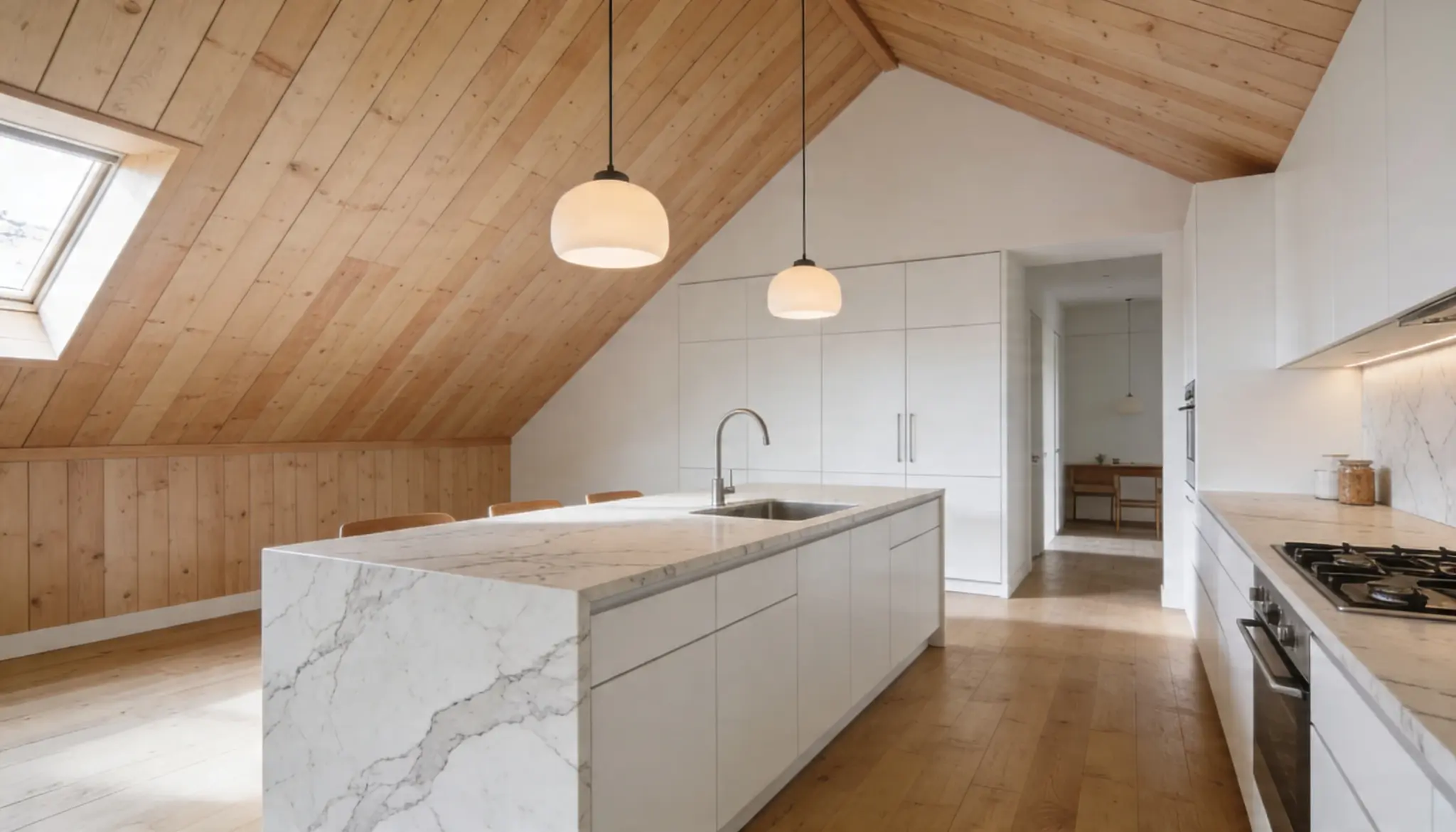 Modern kitchen featuring a large white marble island warm wood-paneled vaulted ceiling and light wood flooring