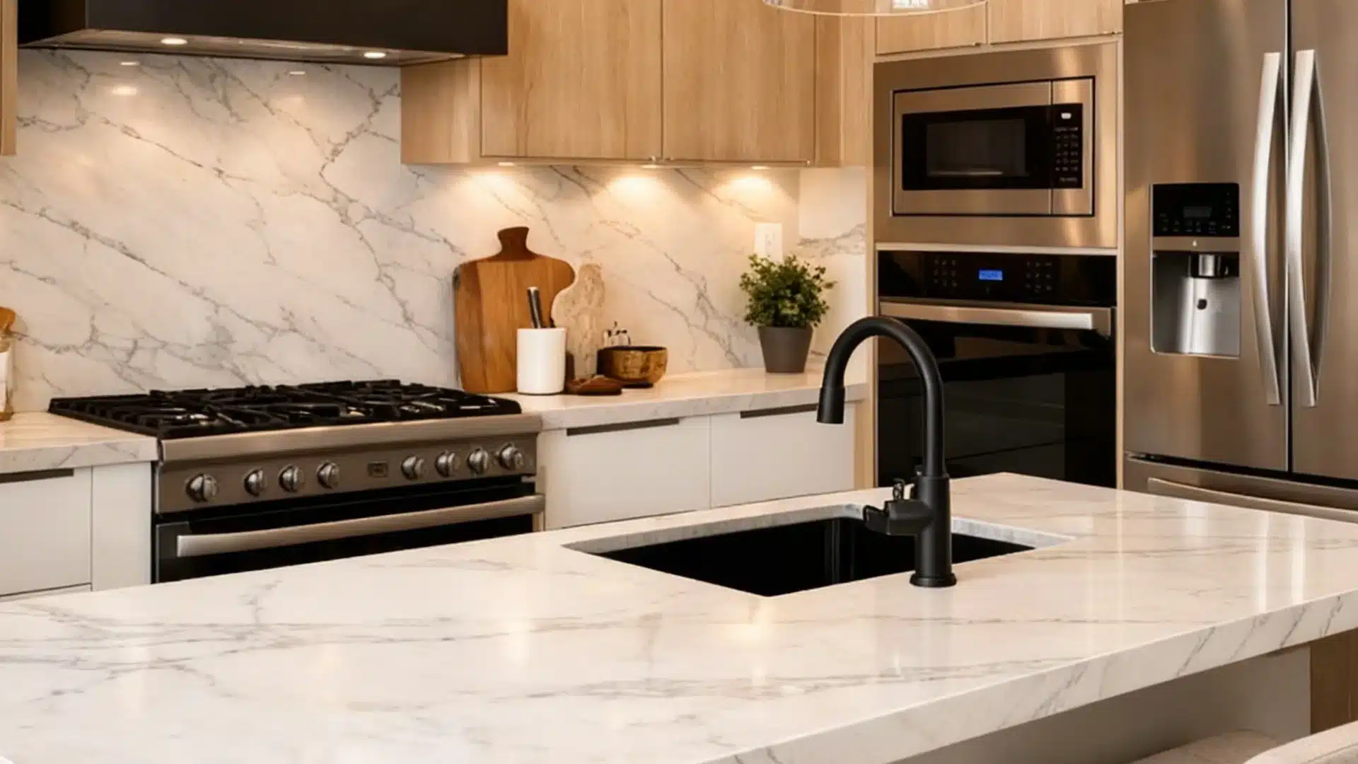 modern kitchen with light wood cabinets marble island and brass pendant lights at a standard counter height for seating