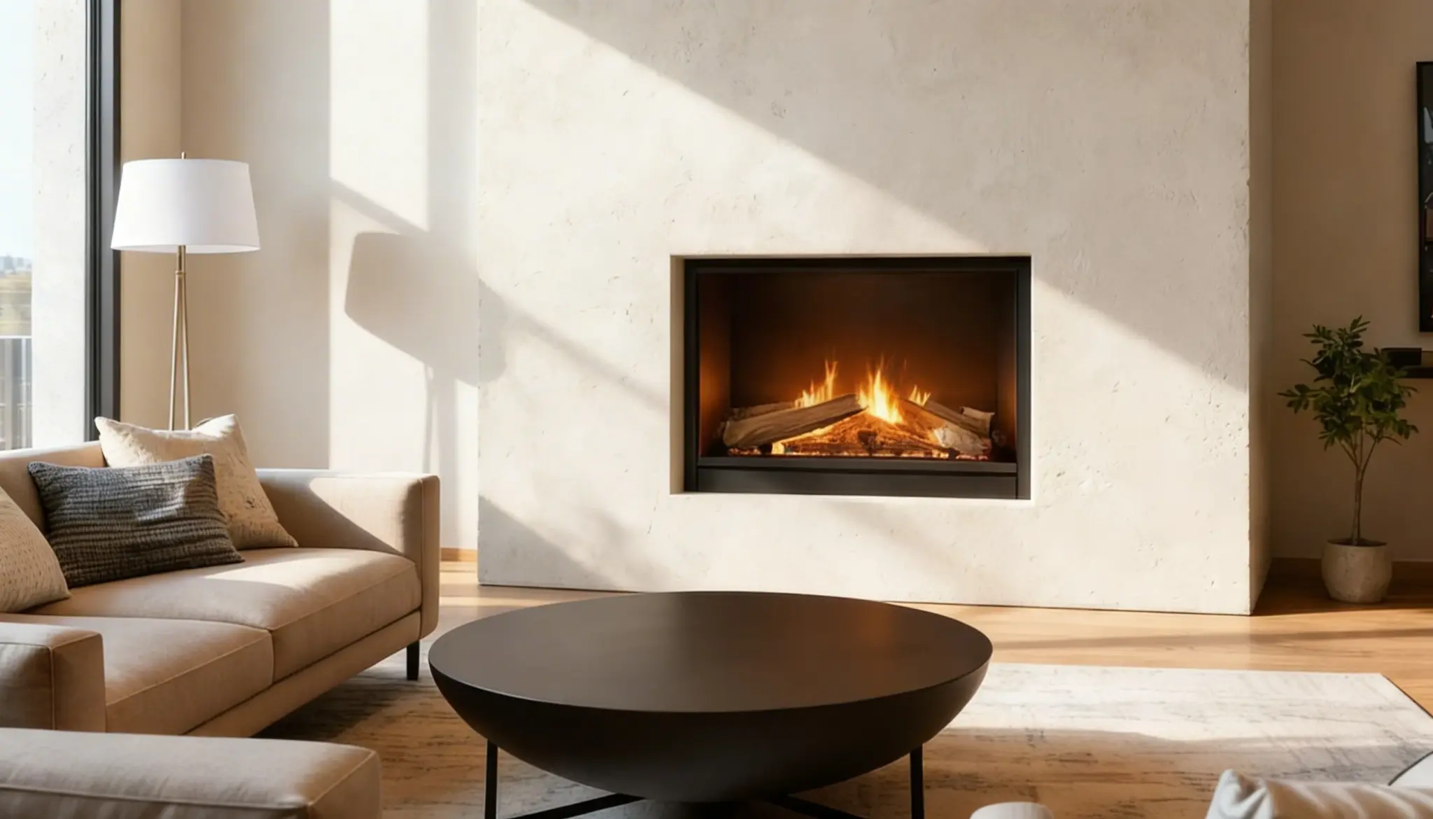 Modern living room featuring a flush fireplace and a stylish table