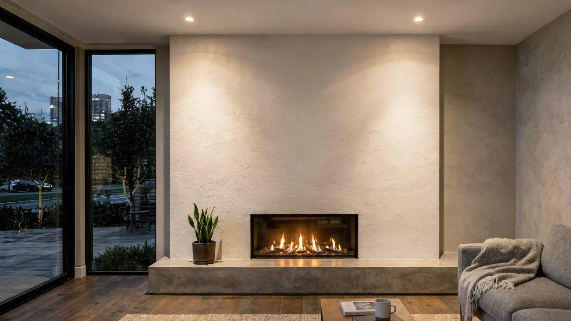 Modern living room featuring a plaster-coated fireplace without a mantel and large windows allowing natural light