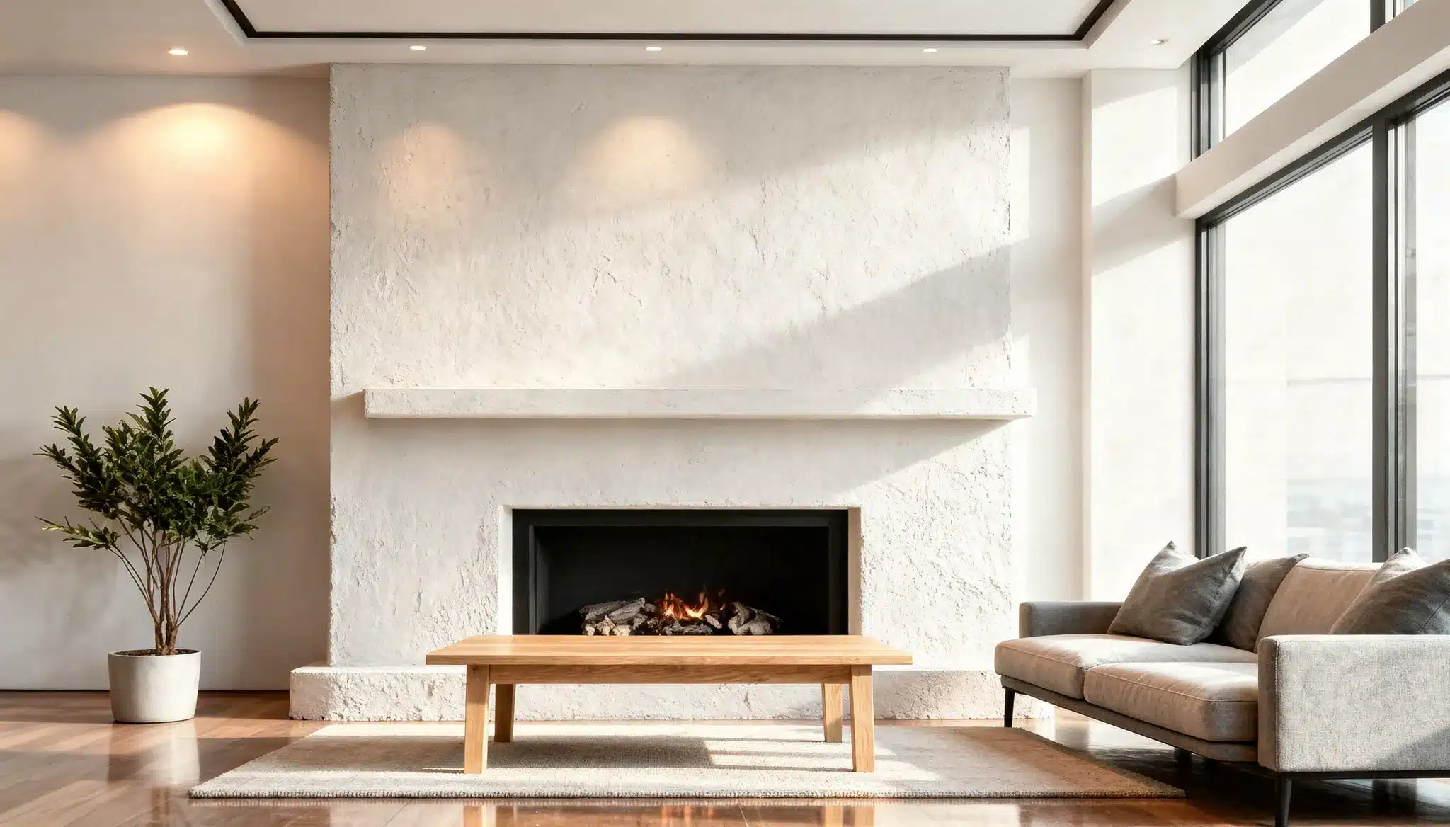 Modern living room featuring a plaster-coated fireplace with a black firebox and a stylish couch for comfortable seating