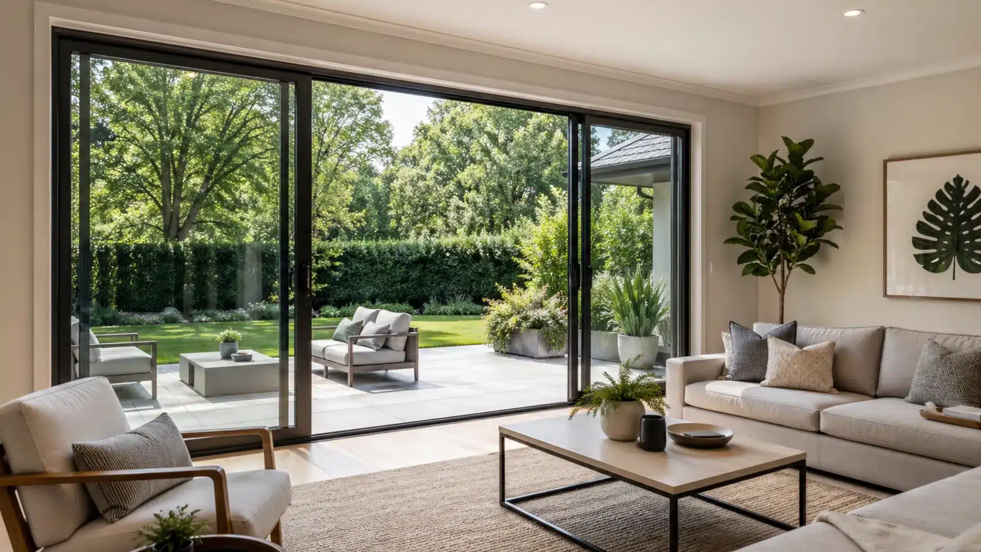 Modern living room with large sliding patio doors and garden view in natural daylight