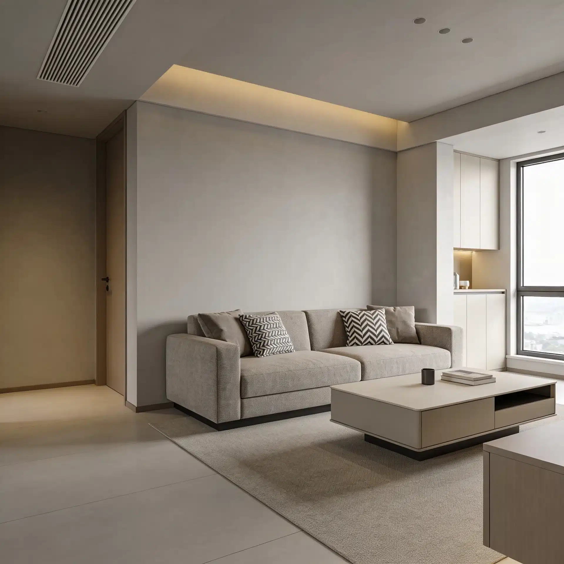 Modern minimalist living room featuring a beige sectional sofa, a light-colored rectangular coffee table, and recessed cove lighting against pale gray walls